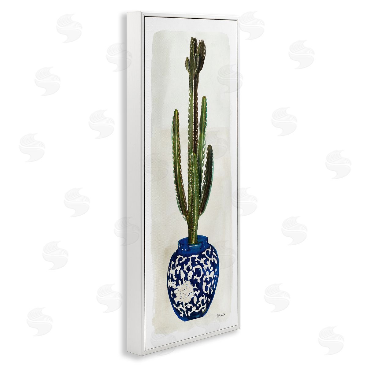 Cacti in Ornate Blue Pot White Frame Print Wall Art, Home Decor by Stellar Studio