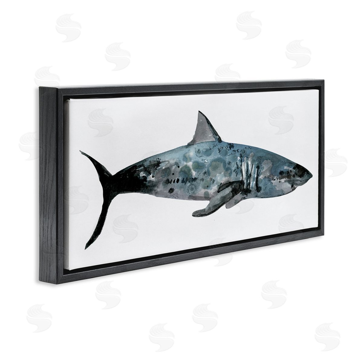 Watercolor Paint Shark Black Floating Frame Canvas Wall Art, Home Decor by Stellar Studio