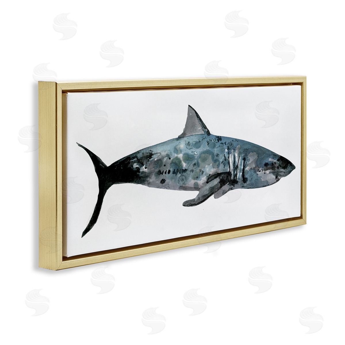 Watercolor Paint Shark Gold Floating Frame Canvas Wall Art, Home Decor by Stellar Studio