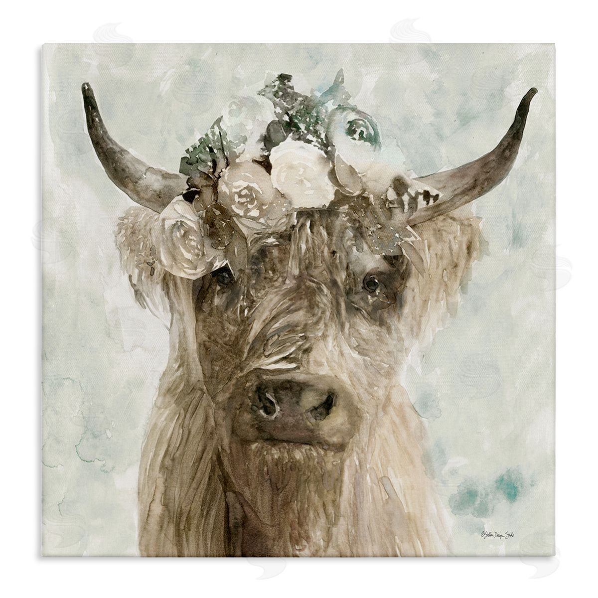 Soft Buffalo with Floral Crown Canvas Wall Art, Home Decor by Stellar Design Studio