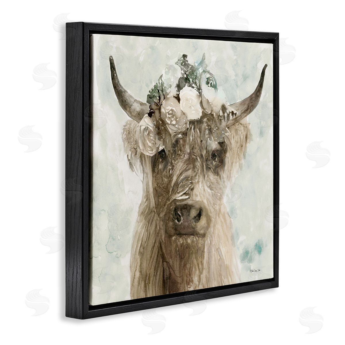 Soft Buffalo with Floral Crown Black Floating Frame Canvas Wall Art, Home Decor by Stellar Design Studio