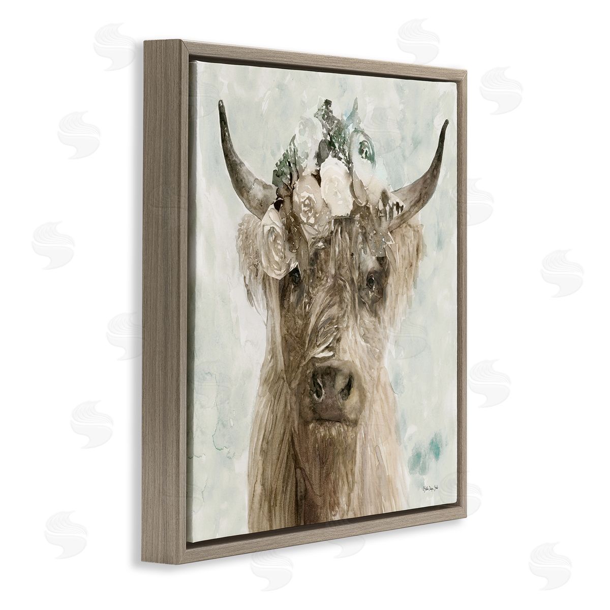 Soft Buffalo with Floral Crown Brown Floating Frame Canvas Wall Art, Home Decor by Stellar Design Studio