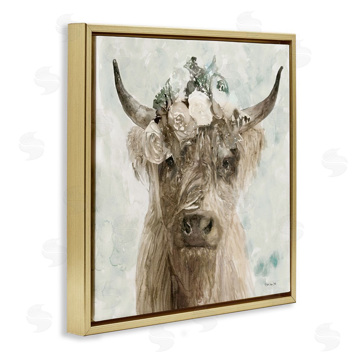 Soft Buffalo with Floral Crown Gold Floating Frame Canvas Wall Art, Home Decor by Stellar Design Studio