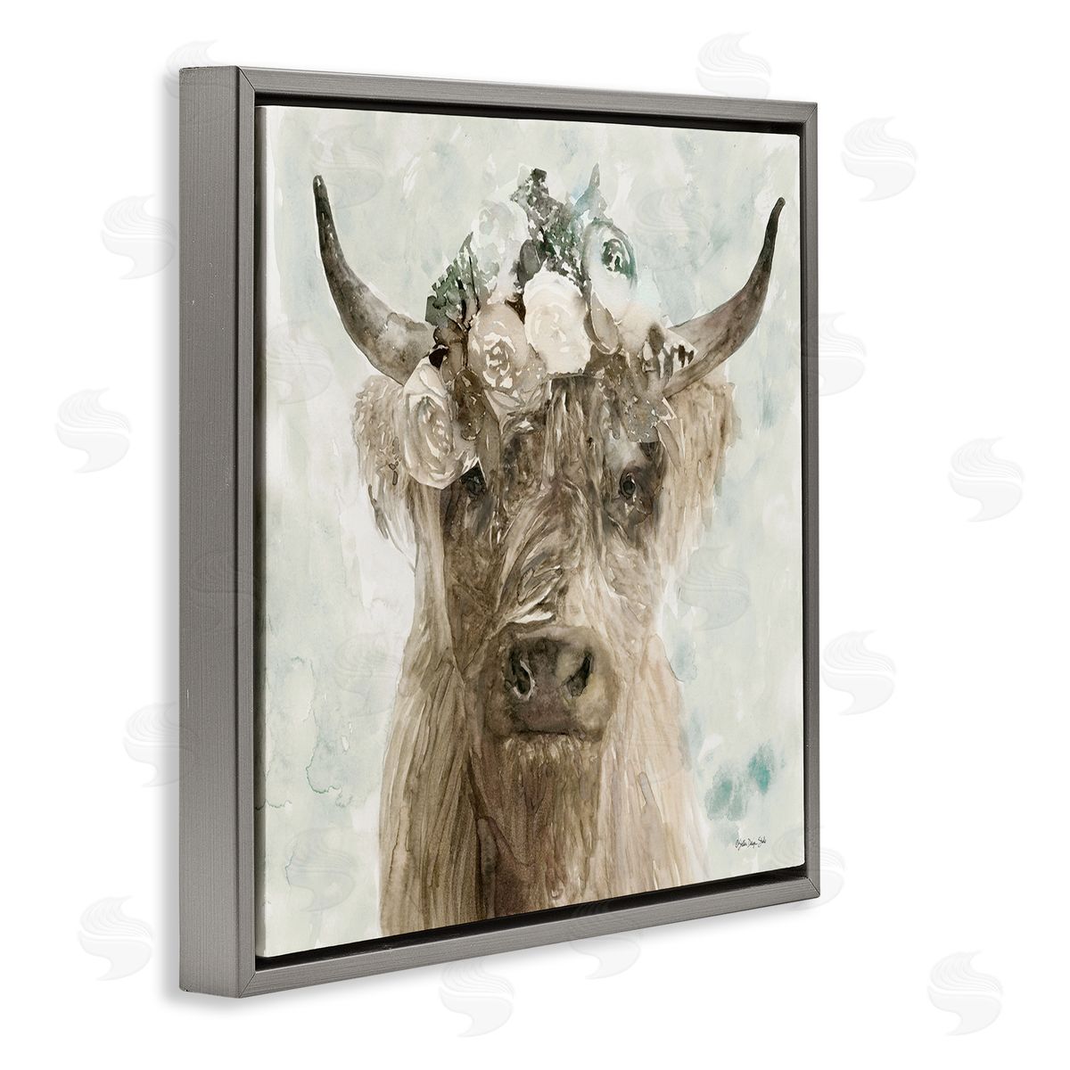 Soft Buffalo with Floral Crown Grey Floating Frame Canvas Wall Art, Home Decor by Stellar Design Studio