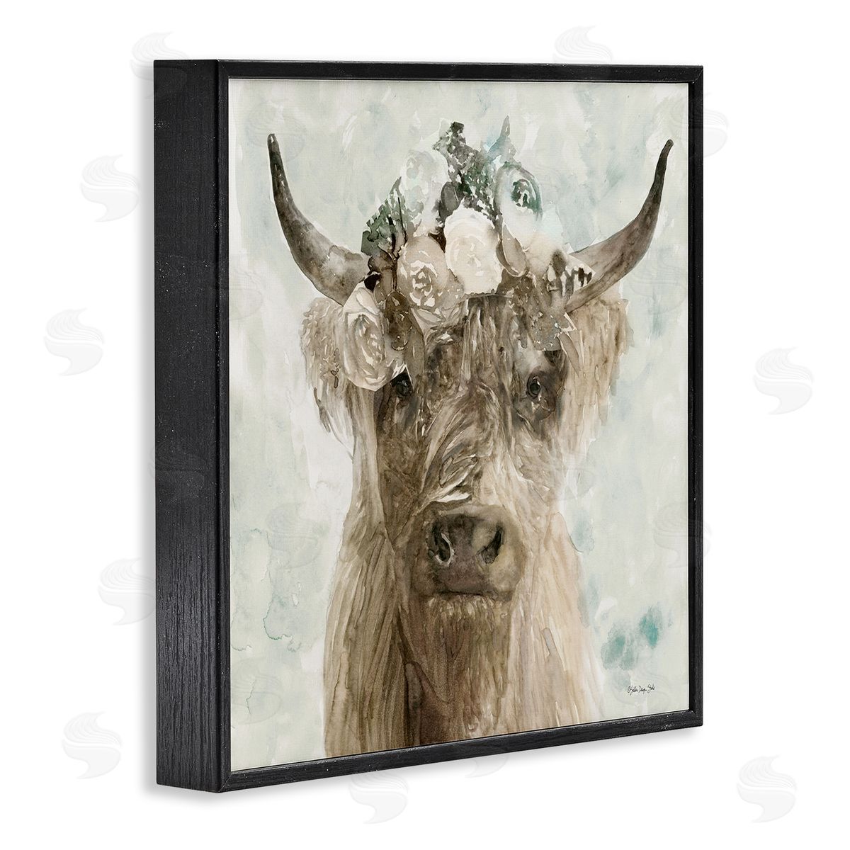 Soft Buffalo with Floral Crown Black Frame Print Wall Art, Home Decor by Stellar Design Studio