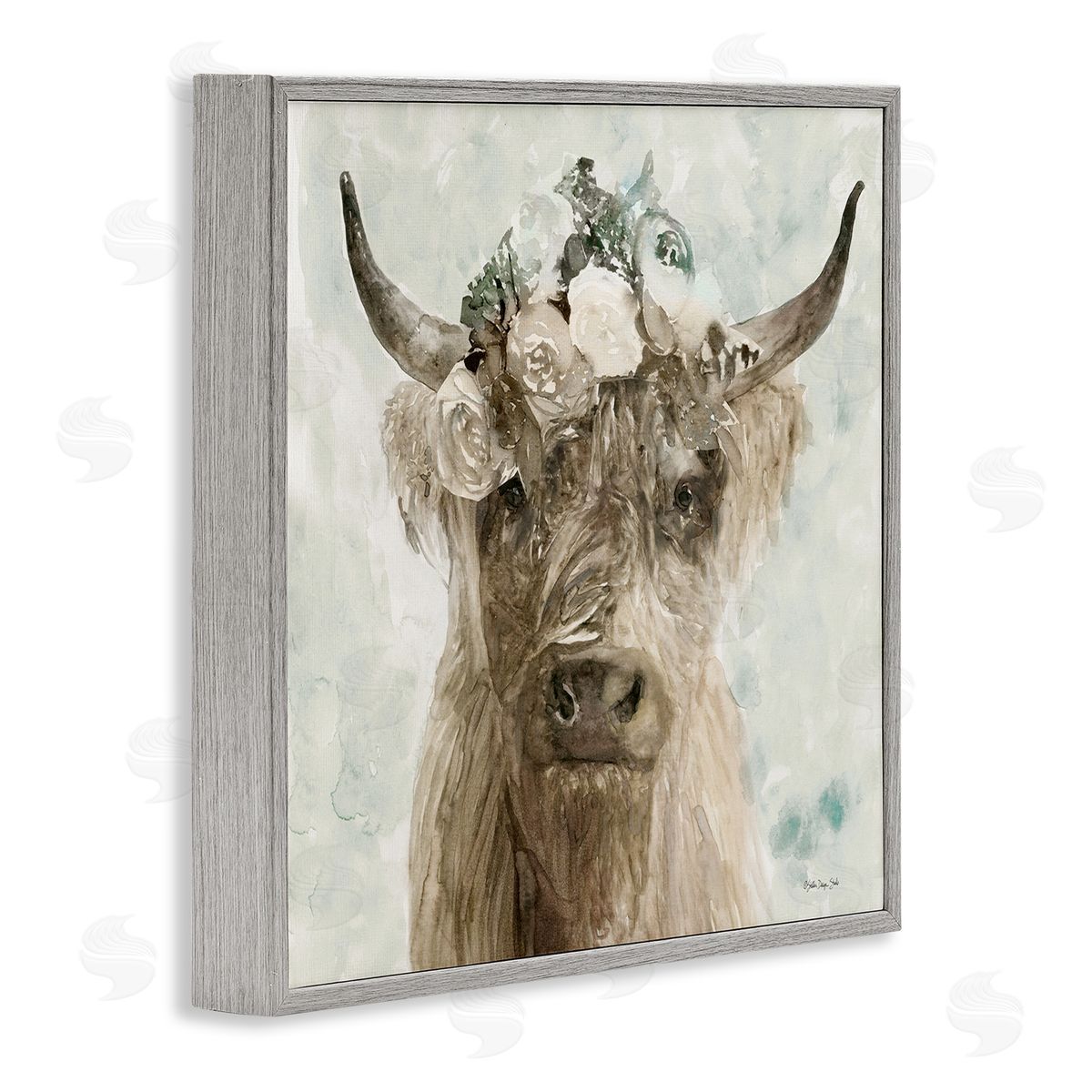 Soft Buffalo with Floral Crown Grey Frame Print Wall Art, Home Decor by Stellar Design Studio