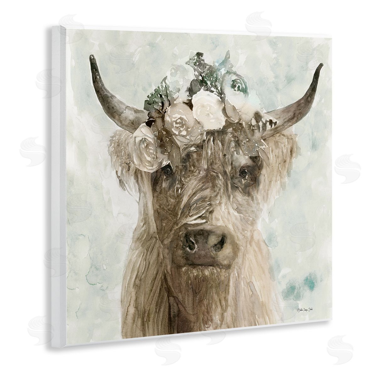 Soft Buffalo with Floral Crown Wood Plaque Wall Art, Home Decor by Stellar Design Studio