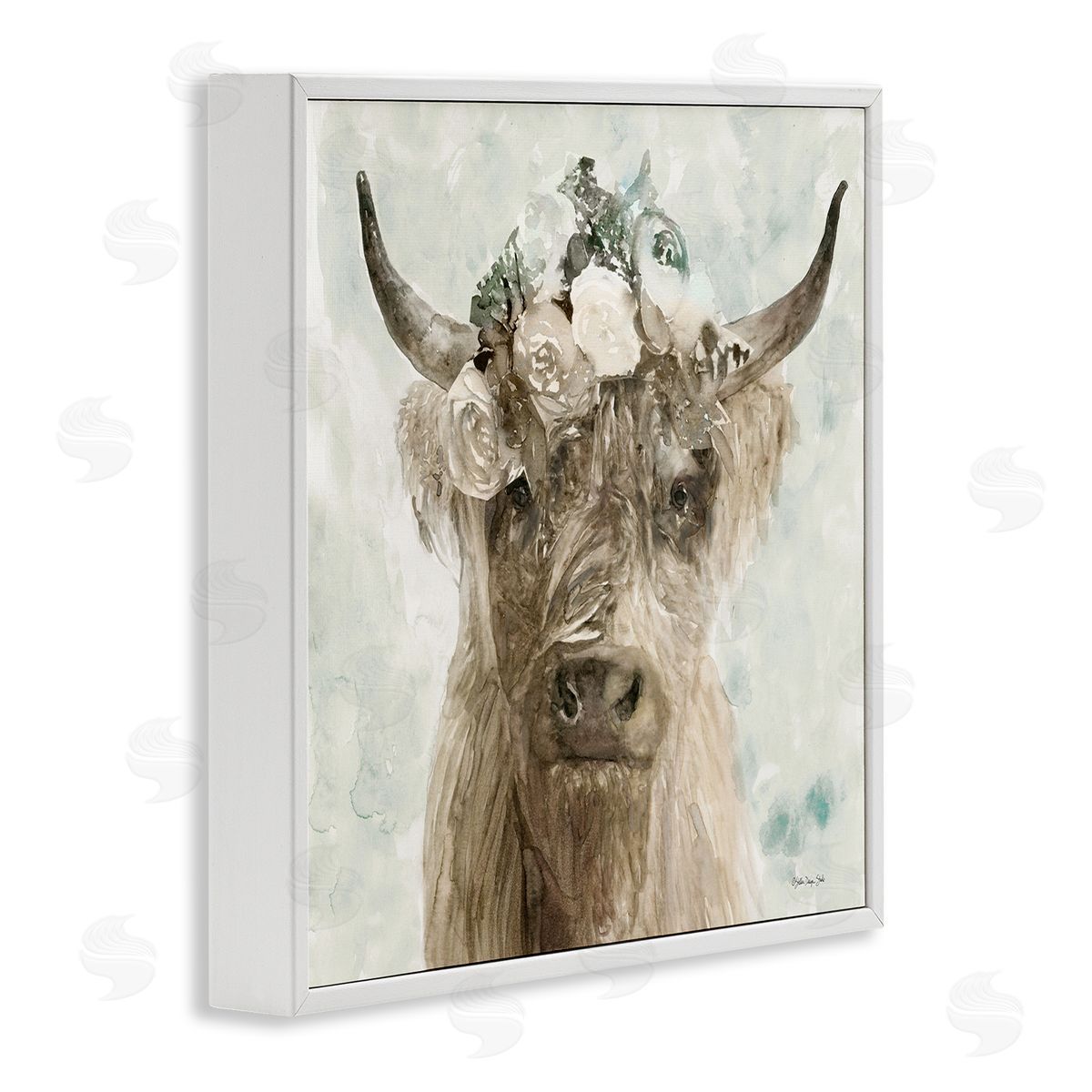Soft Buffalo with Floral Crown White Frame Print Wall Art, Home Decor by Stellar Design Studio