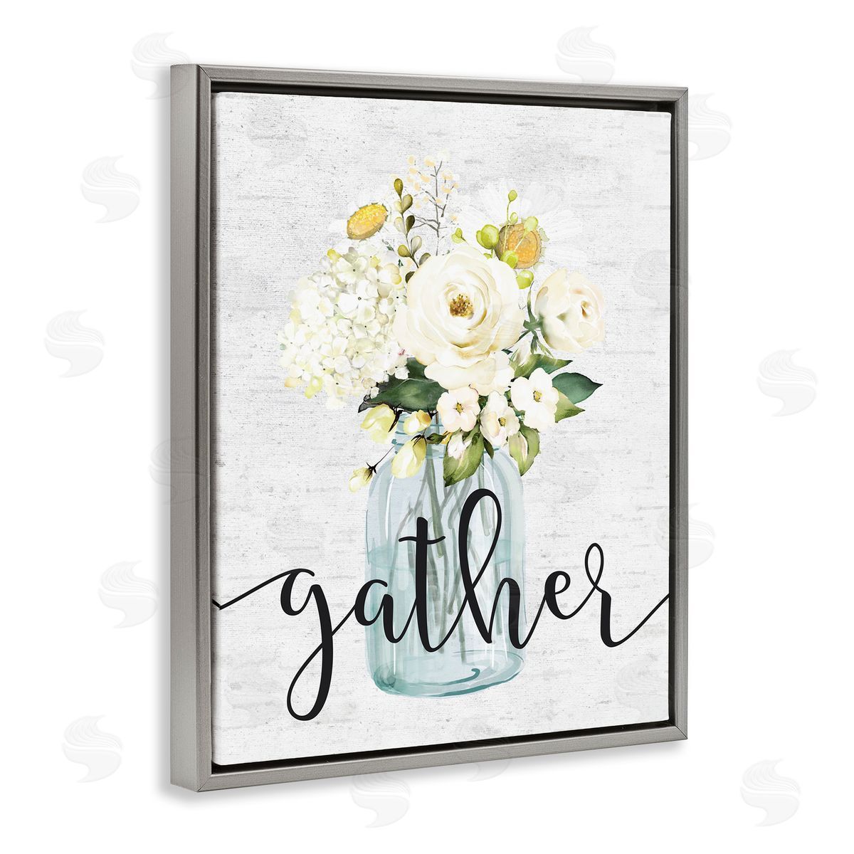Gather Text White Spring Bouquet Grey Floating Frame Canvas Wall Art, Home Decor by Lettered and Lined