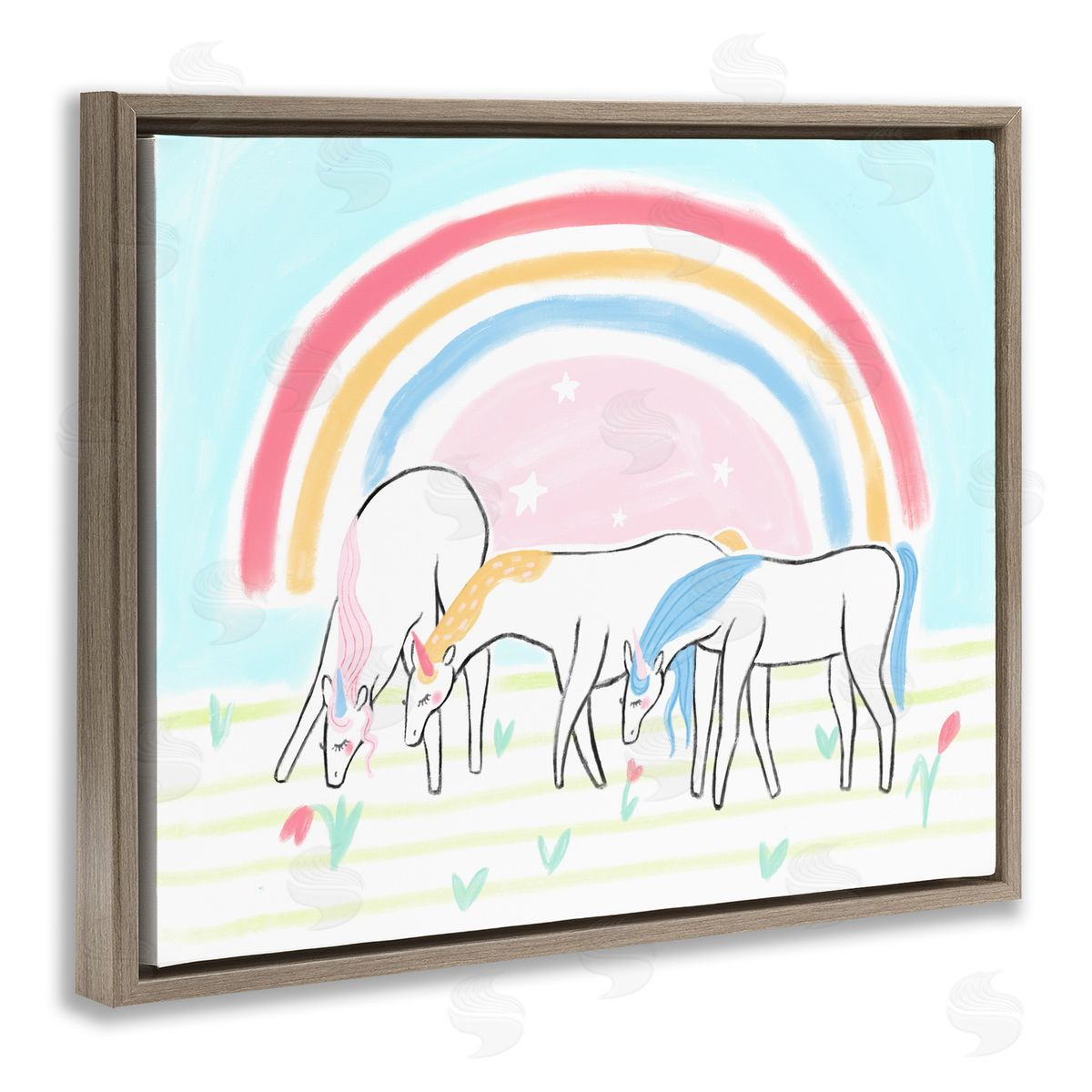 Unicorn Trio under Rainbow Brown Floating Frame Canvas Wall Art, Home Decor by Stupell Studio