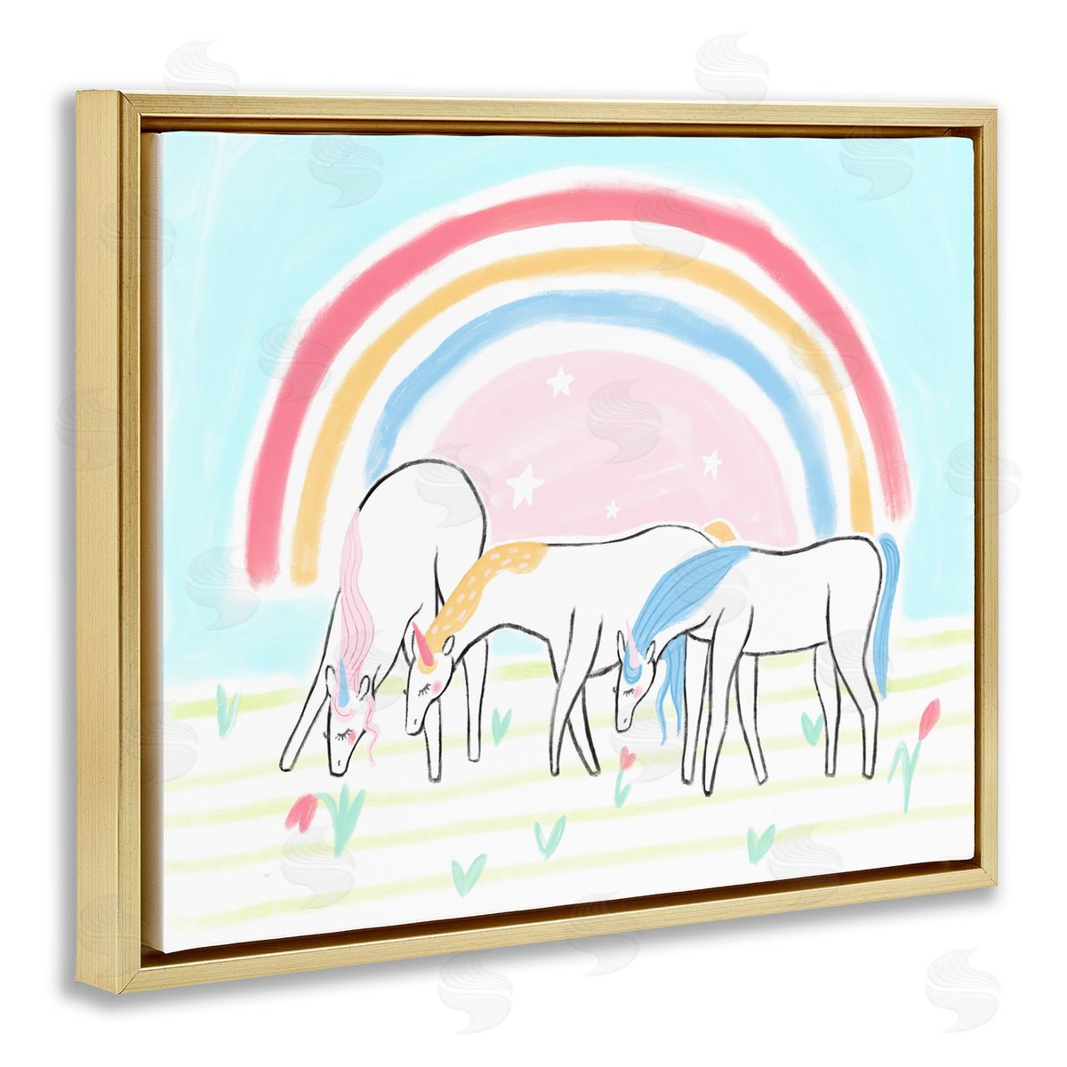 Unicorn Trio under Rainbow Gold Floating Frame Canvas Wall Art, Home Decor by Stupell Studio