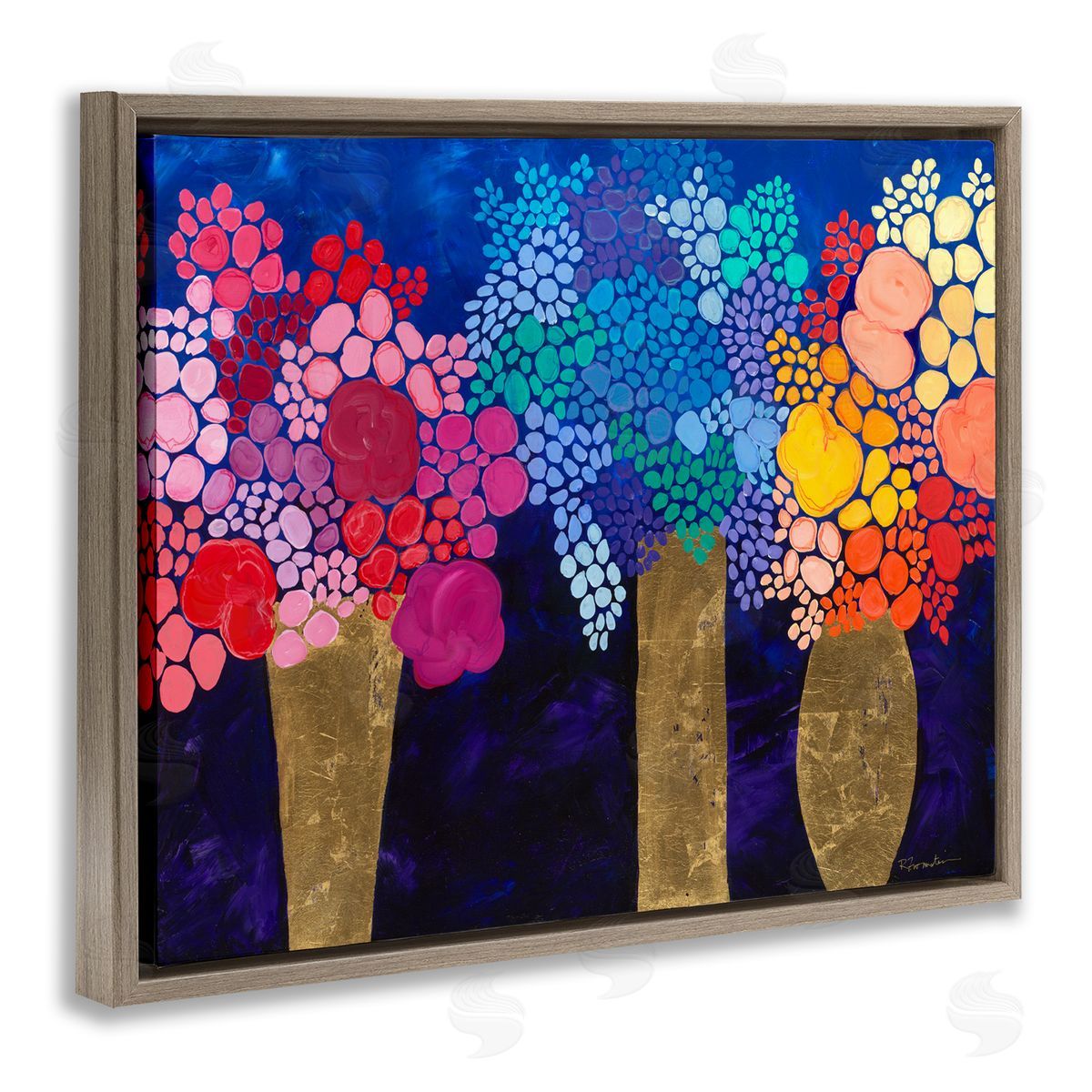 Abstract Colorful Bouquets Brown Floating Frame Canvas Wall Art, Home Decor by Ruth Fromstein