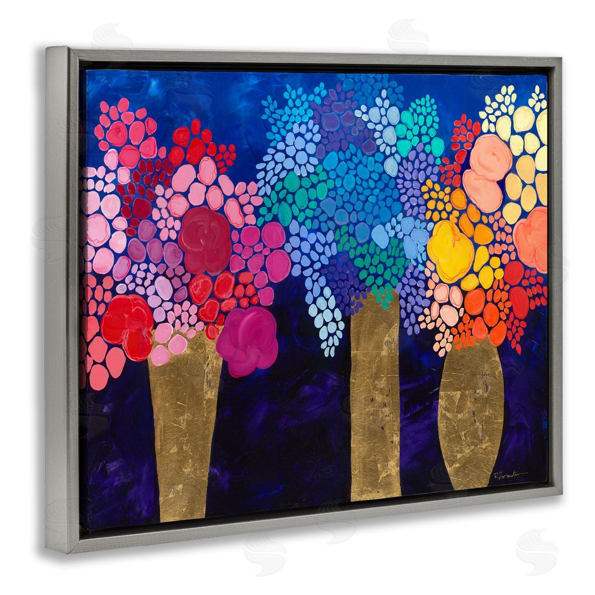 Abstract Colorful Bouquets Grey Floating Frame Canvas Wall Art, Home Decor by Ruth Fromstein