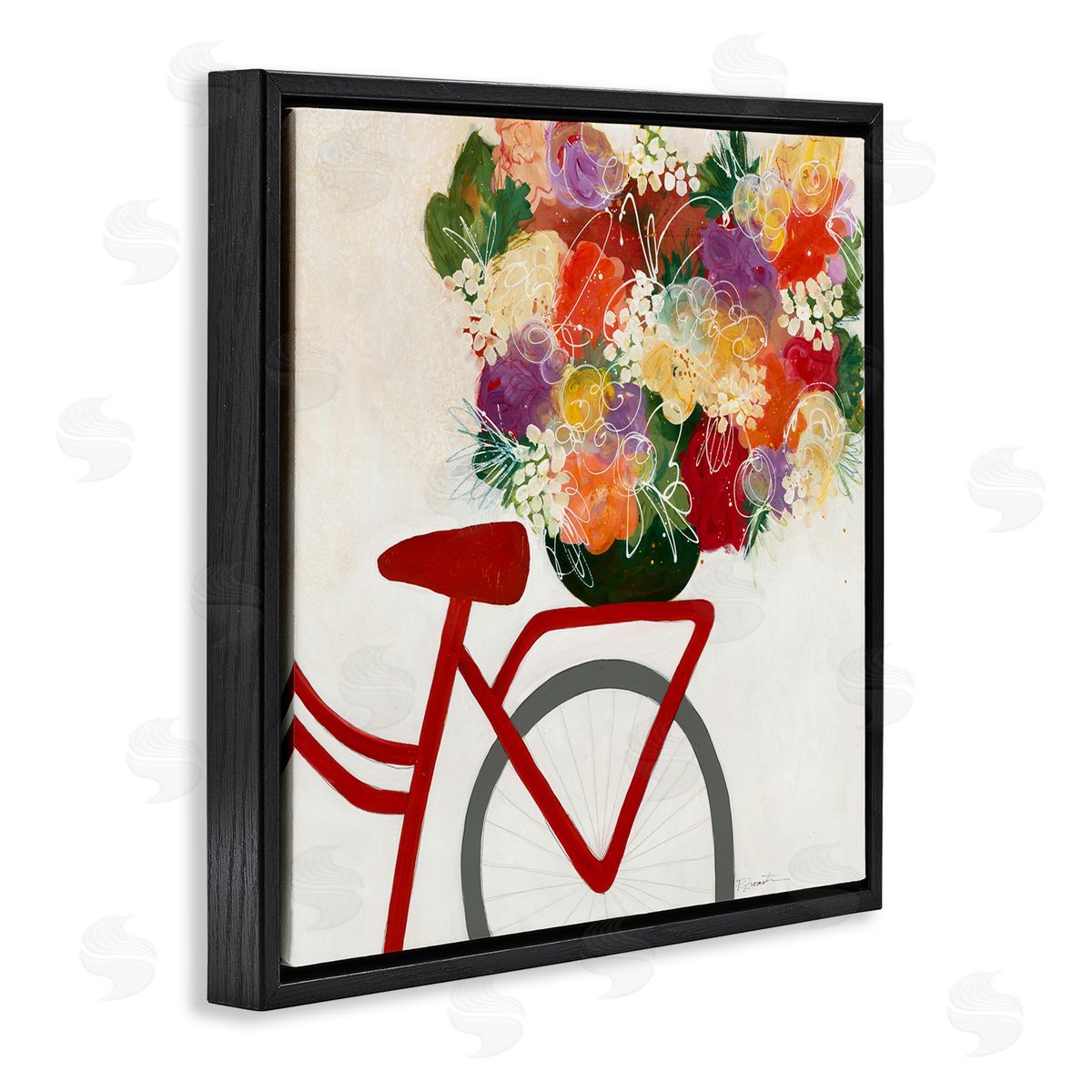 Red Bicycle Seat Florals Black Floating Frame Canvas Wall Art, Home Decor by Ruth Fromstein