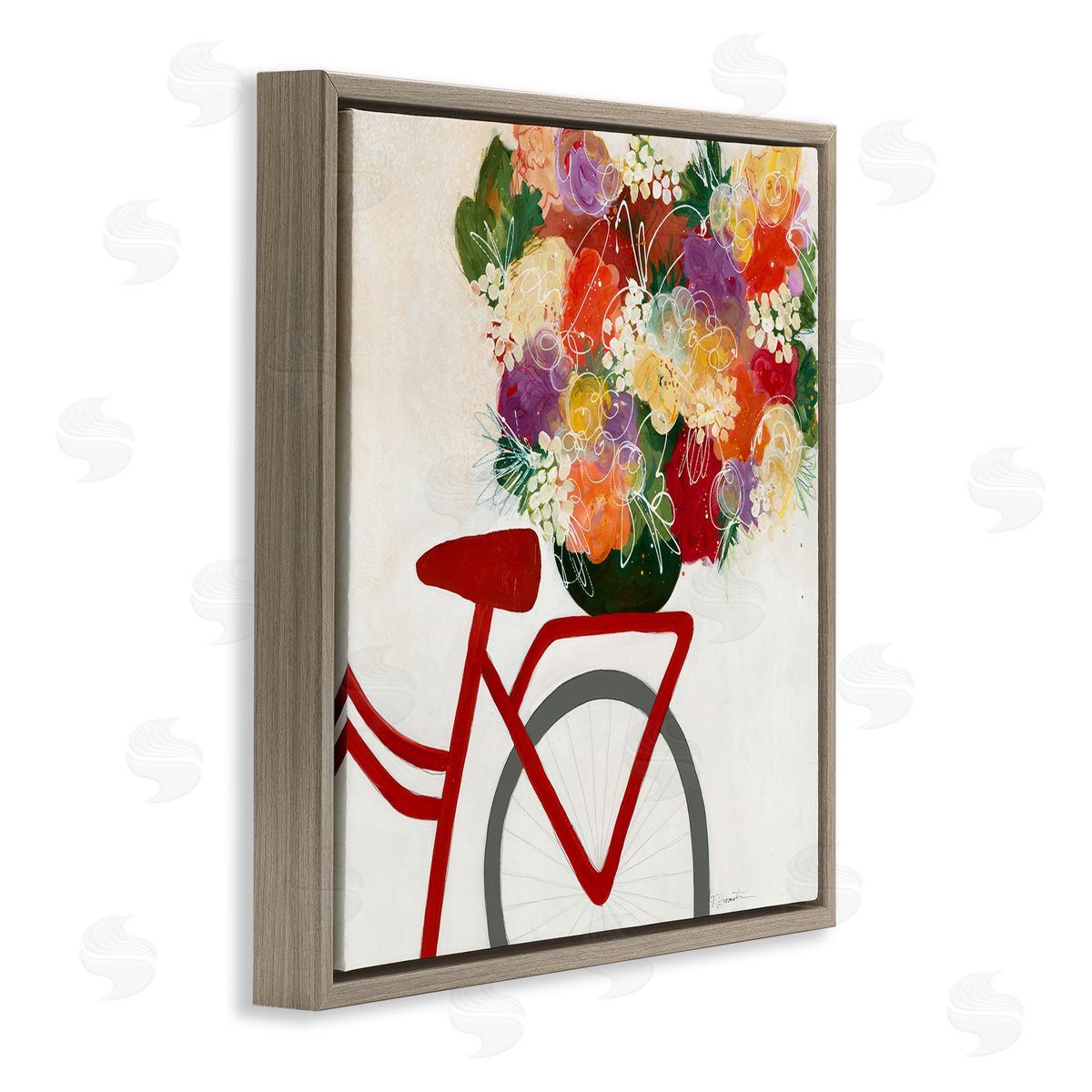 Red Bicycle Seat Florals Brown Floating Frame Canvas Wall Art, Home Decor by Ruth Fromstein
