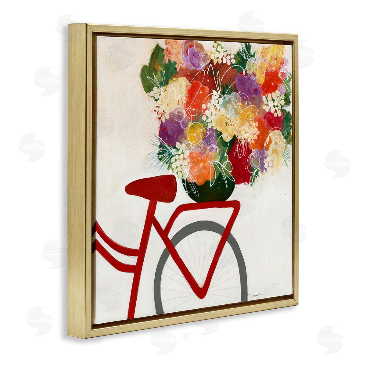 Red Bicycle Seat Florals Gold Floating Frame Canvas Wall Art, Home Decor by Ruth Fromstein