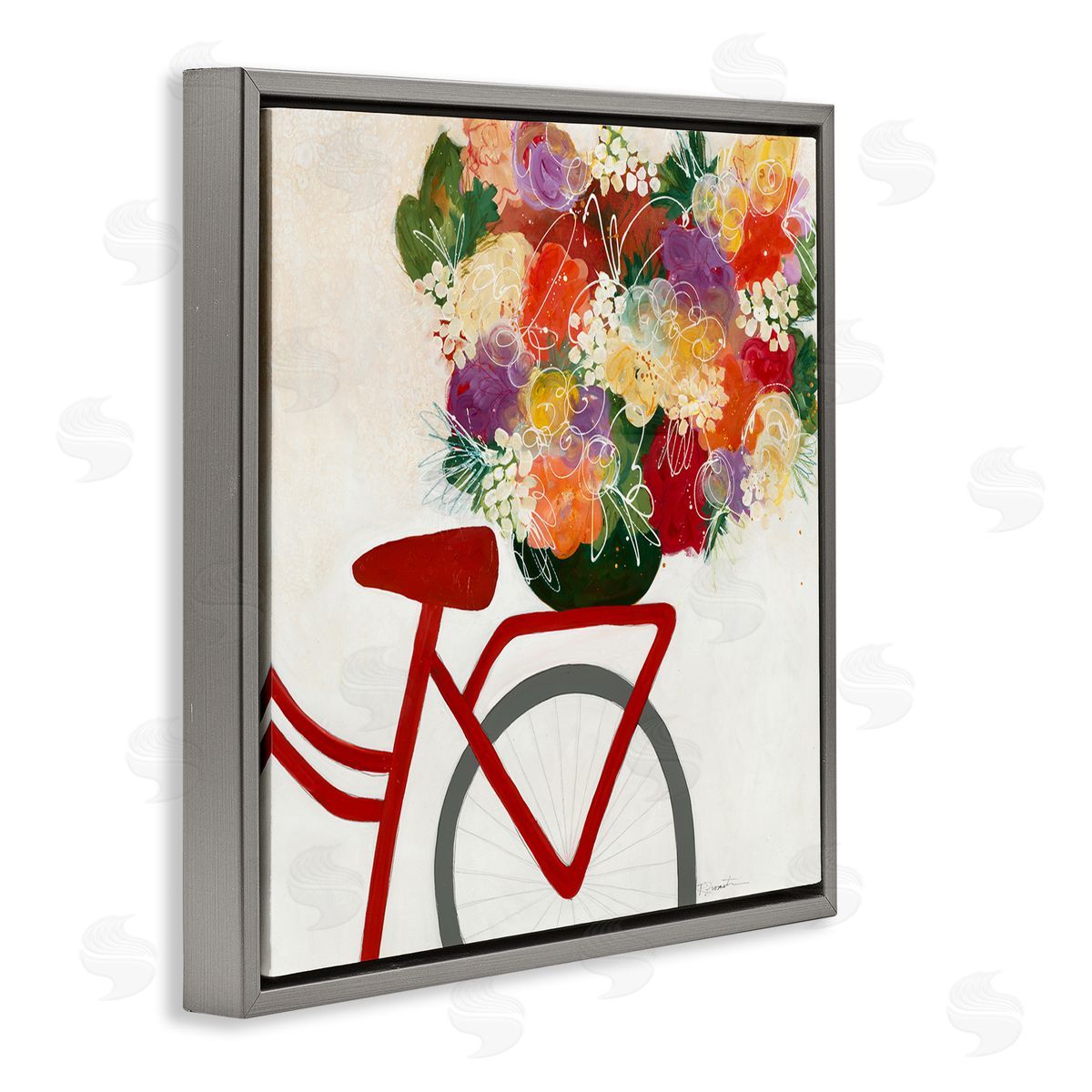 Red Bicycle Seat Florals Grey Floating Frame Canvas Wall Art, Home Decor by Ruth Fromstein