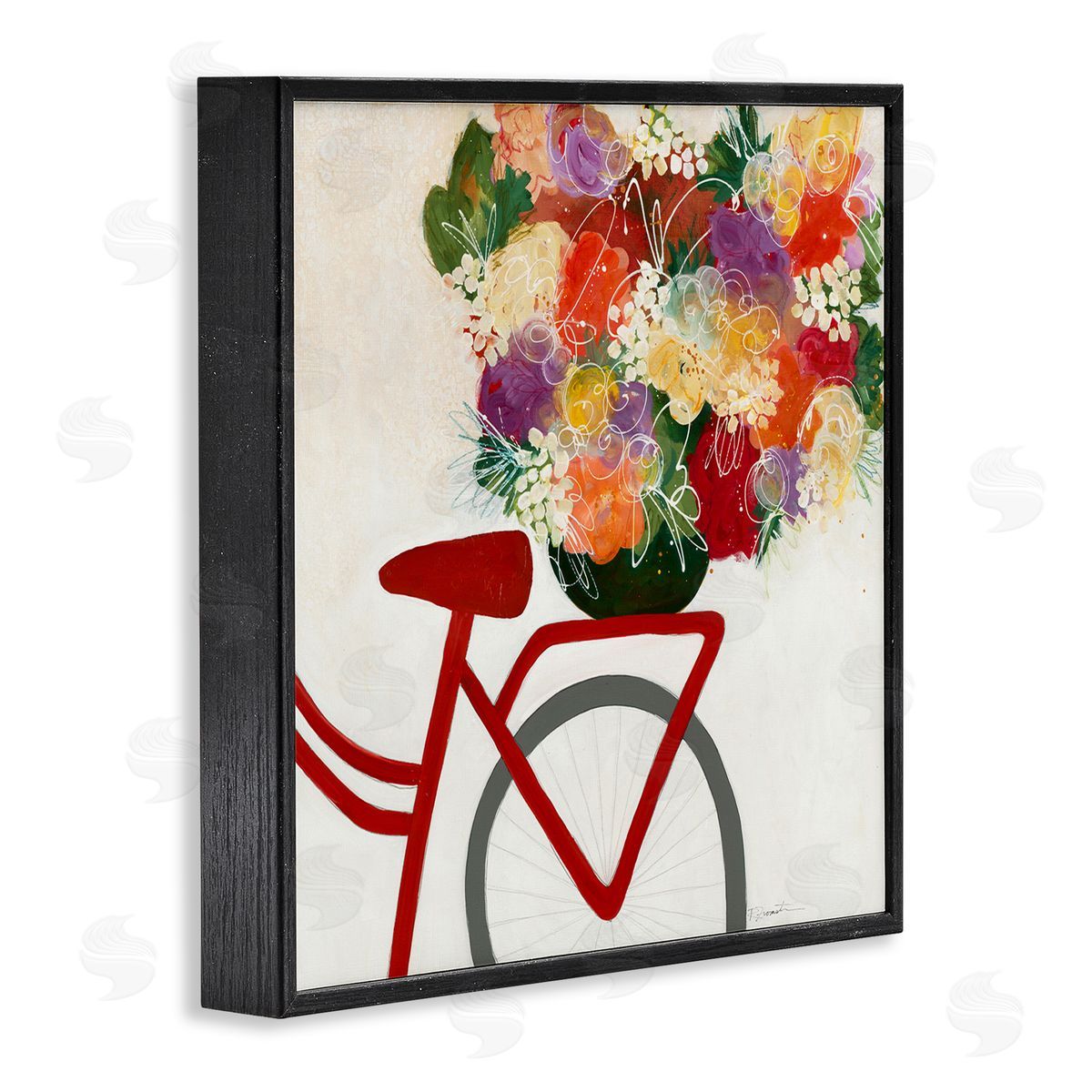 Red Bicycle Seat Florals Black Frame Print Wall Art, Home Decor by Ruth Fromstein