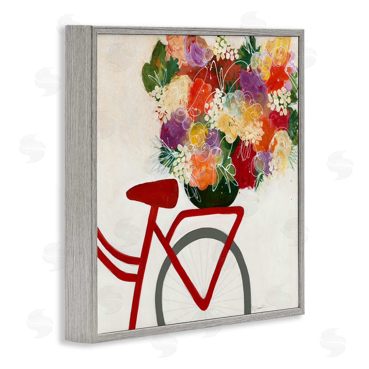 Red Bicycle Seat Florals Grey Frame Print Wall Art, Home Decor by Ruth Fromstein