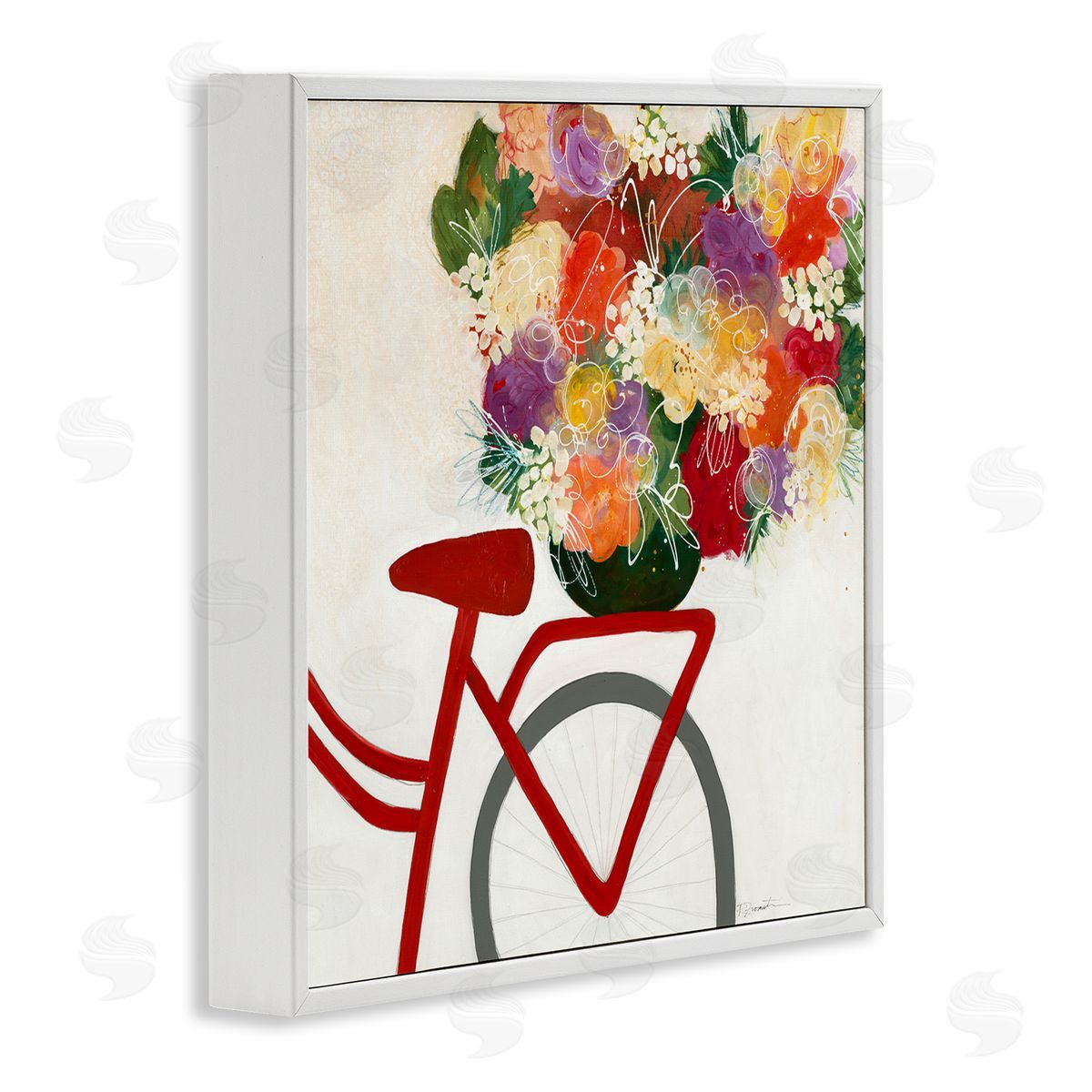 Red Bicycle Seat Florals White Frame Print Wall Art, Home Decor by Ruth Fromstein