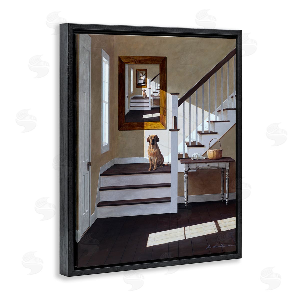 Dog on Country Staircase Black Floating Frame Canvas Wall Art, Home Decor by Zhen-Huan Lu