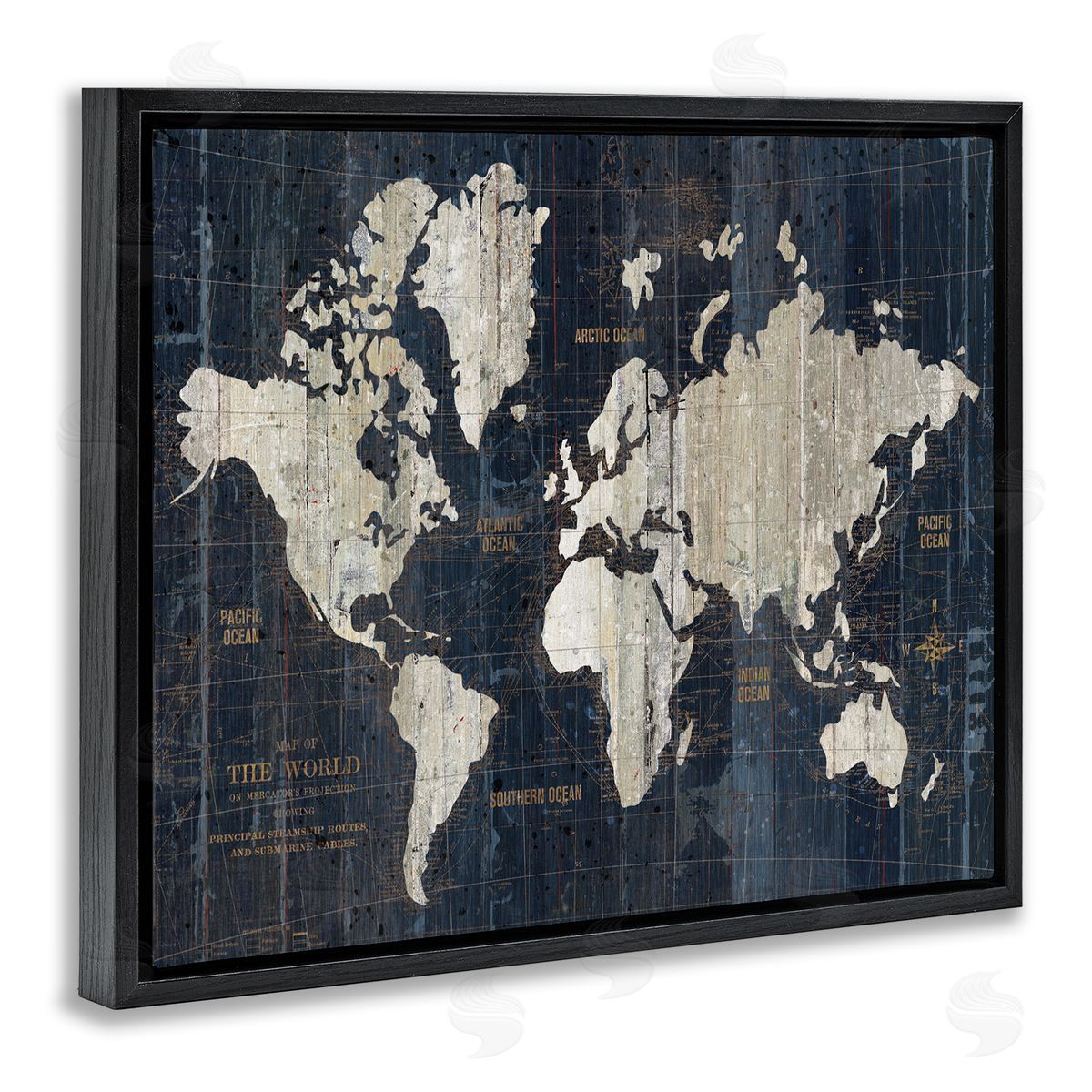 Distressed Antique World Map Black Floating Frame Canvas Wall Art, Home Decor by Wild Apple Portfolio