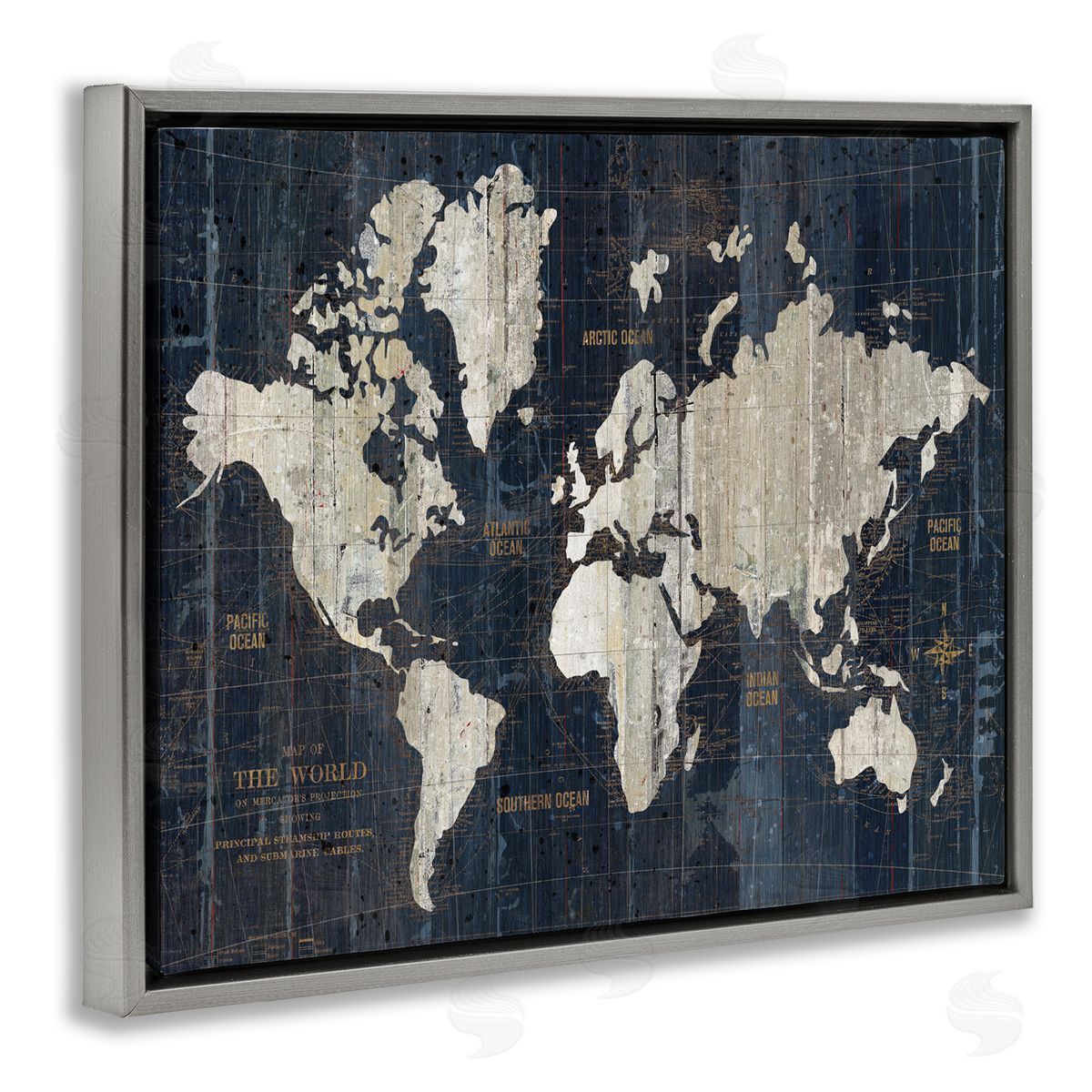 Distressed Antique World Map Grey Floating Frame Canvas Wall Art, Home Decor by Wild Apple Portfolio
