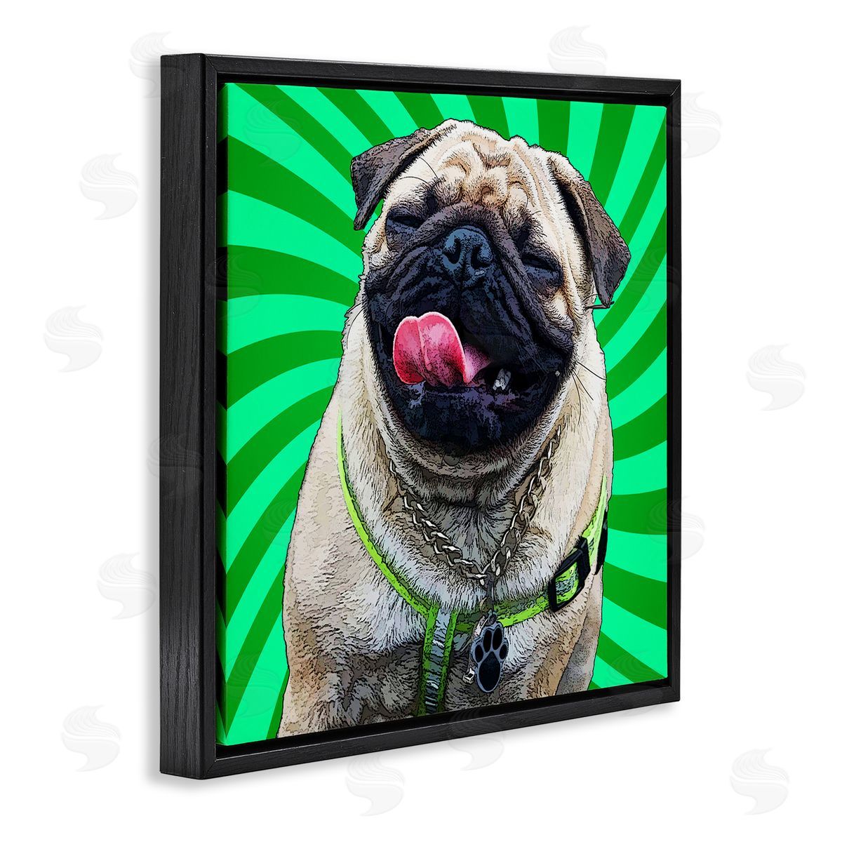 Pug Dog Green Pop Art Black Floating Frame Canvas Wall Art, Home Decor by Kim Curinga