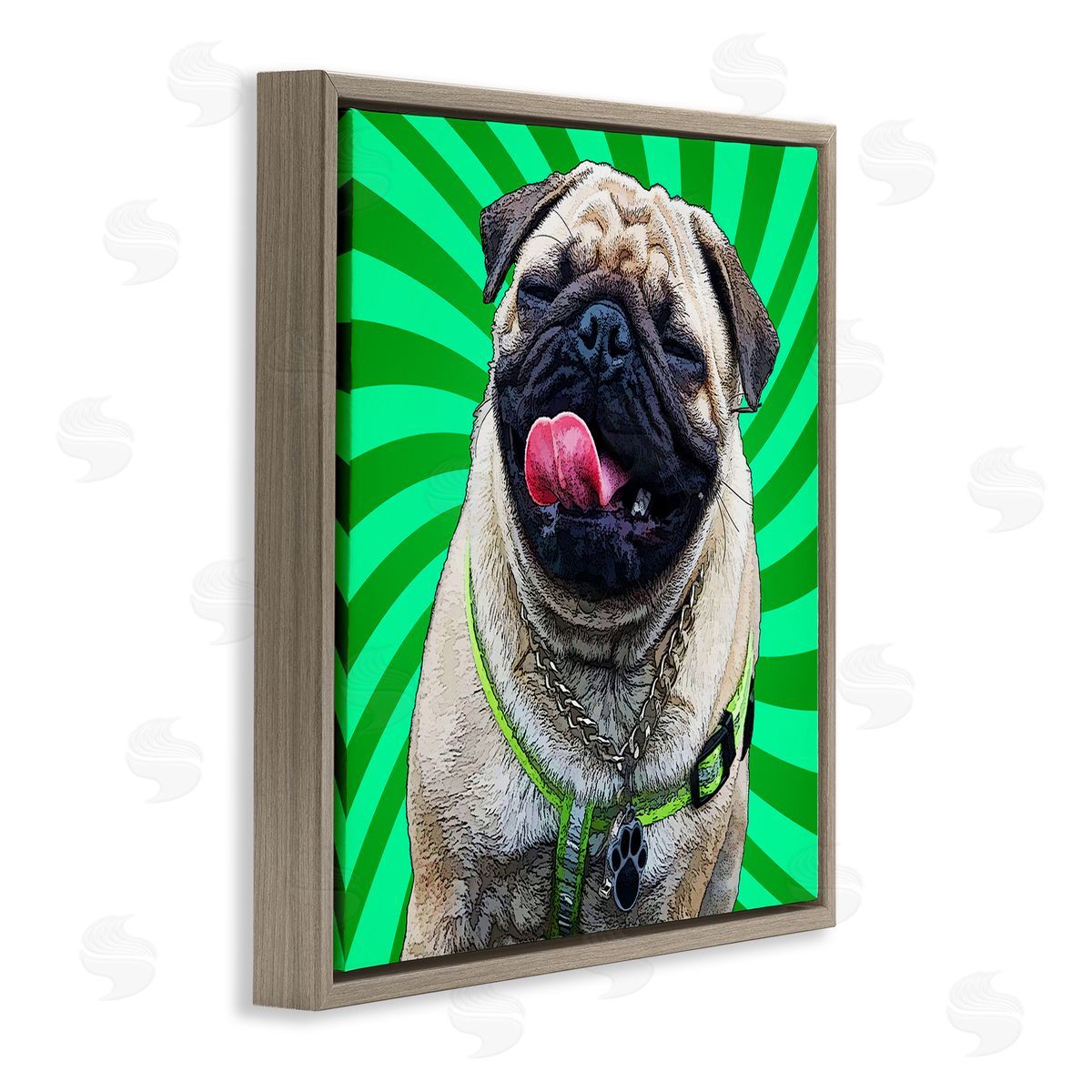 Pug Dog Green Pop Art Brown Floating Frame Canvas Wall Art, Home Decor by Kim Curinga