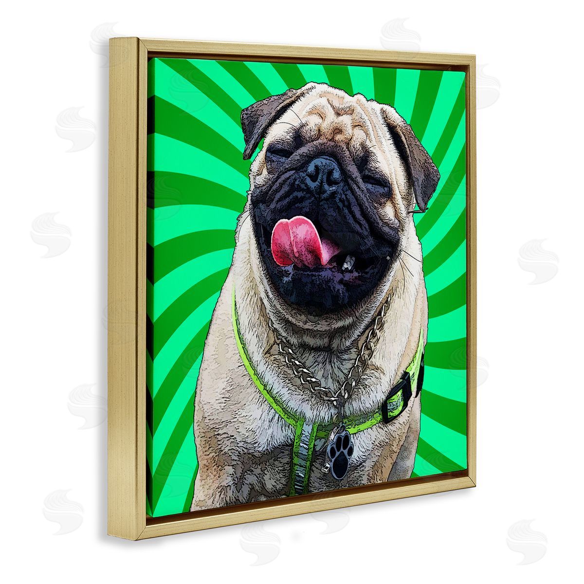 Pug Dog Green Pop Art Gold Floating Frame Canvas Wall Art, Home Decor by Kim Curinga