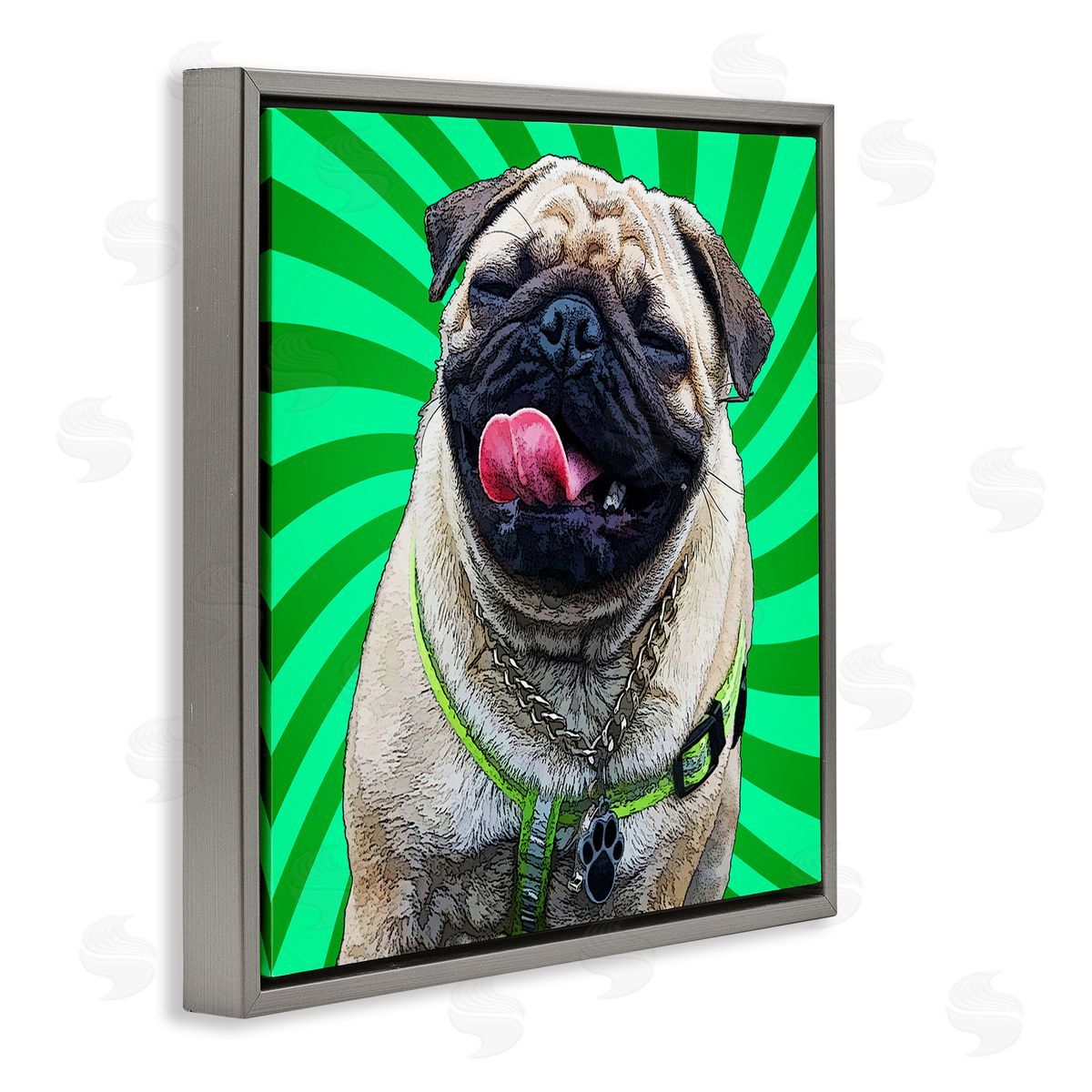Pug Dog Green Pop Art Grey Floating Frame Canvas Wall Art, Home Decor by Kim Curinga