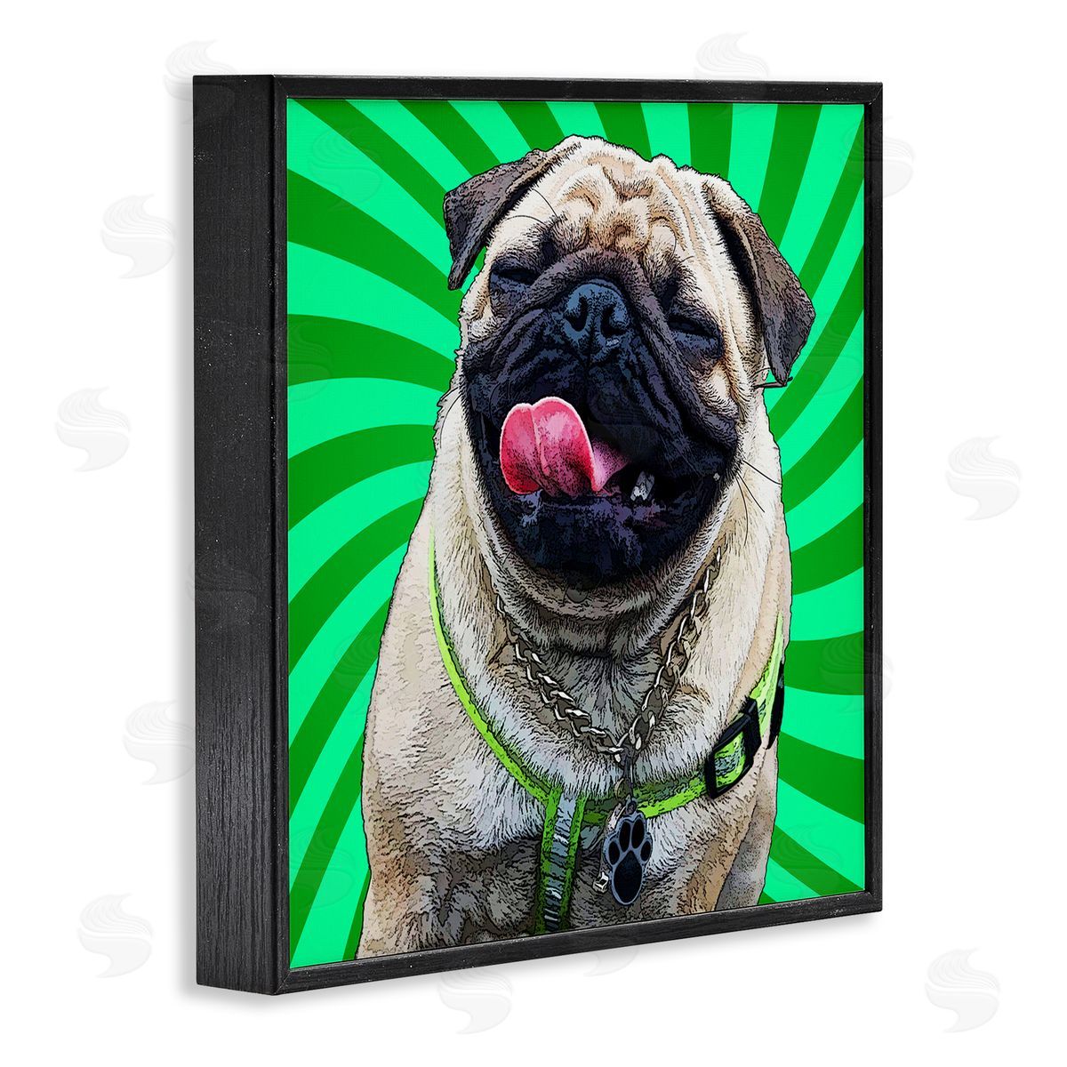 Pug Dog Green Pop Art Black Frame Print Wall Art, Home Decor by Kim Curinga