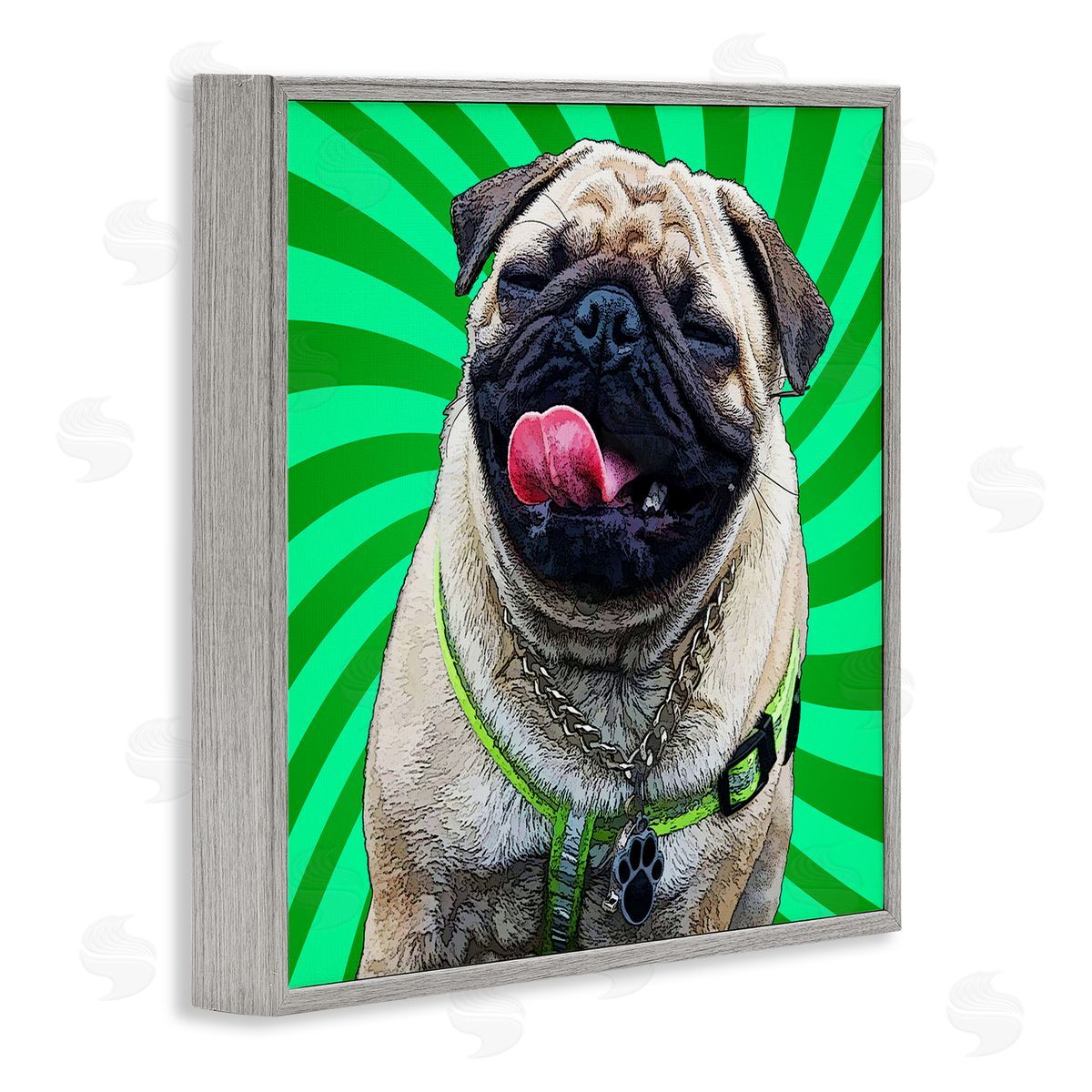 Pug Dog Green Pop Art Grey Frame Print Wall Art, Home Decor by Kim Curinga
