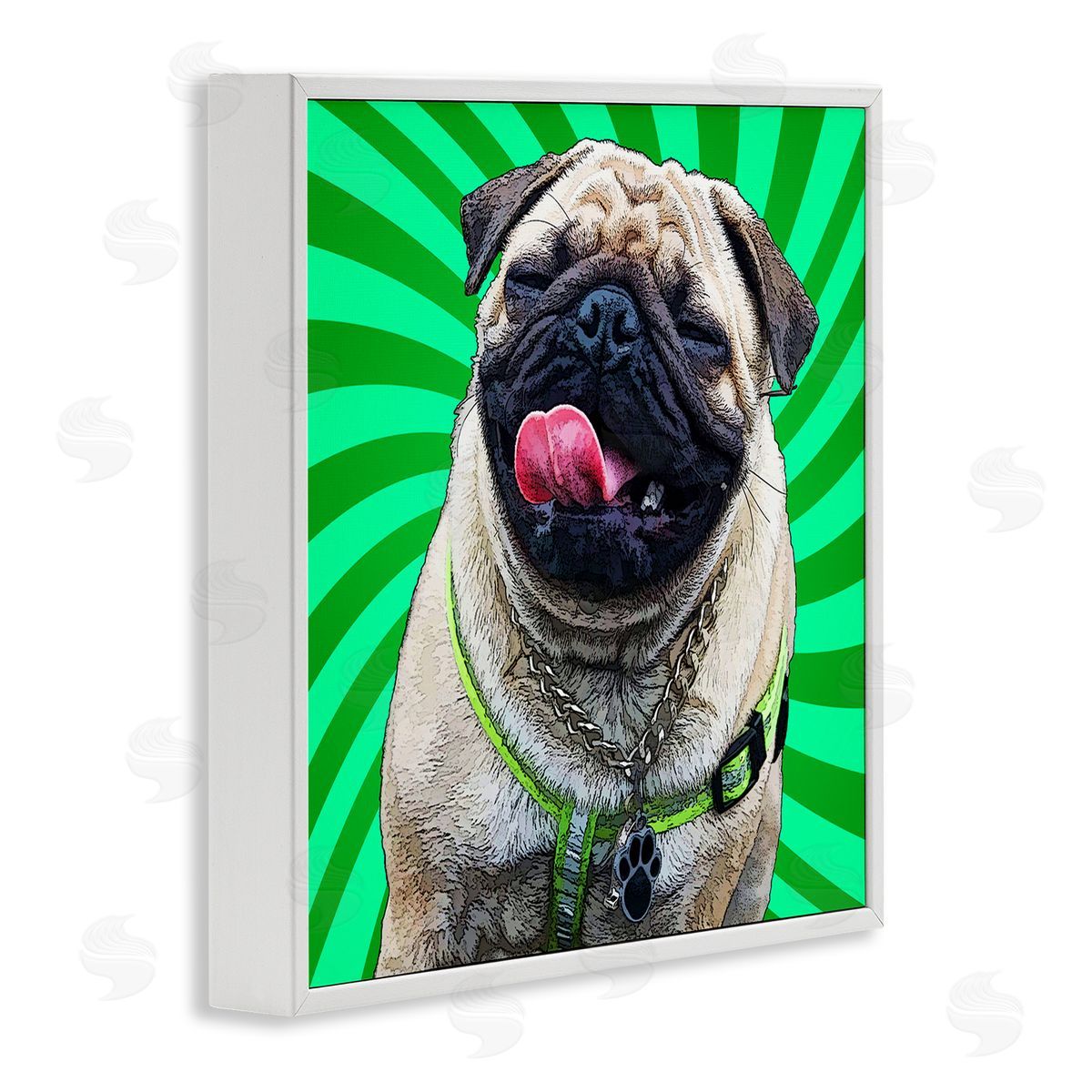 Pug Dog Green Pop Art White Frame Print Wall Art, Home Decor by Kim Curinga