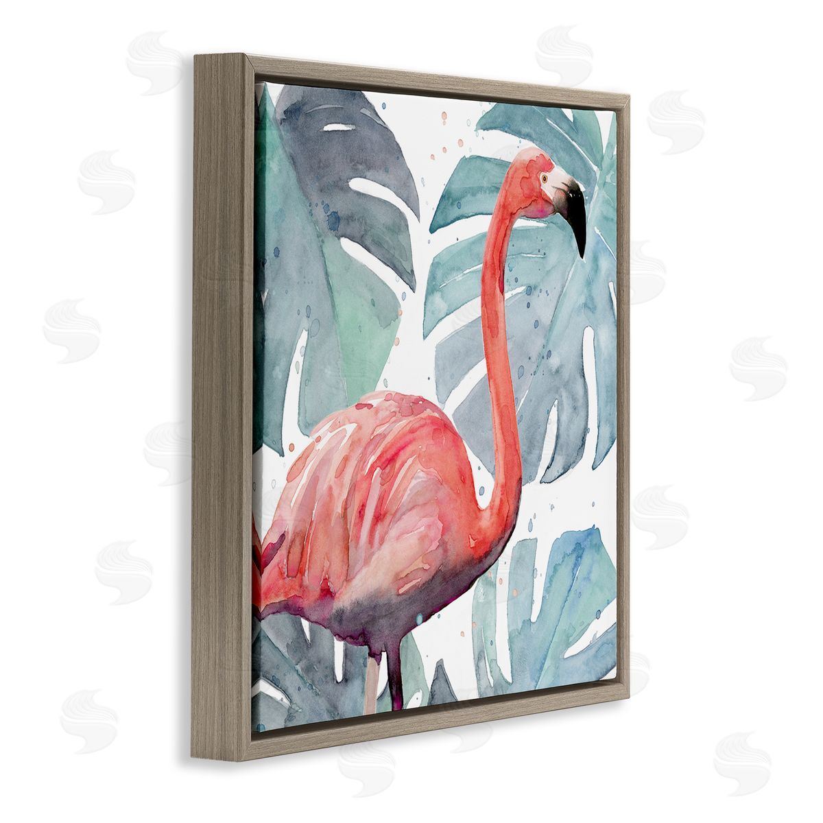 Flamingo over Monstera Leaves Brown Floating Frame Canvas Wall Art, Home Decor by Annie Warren