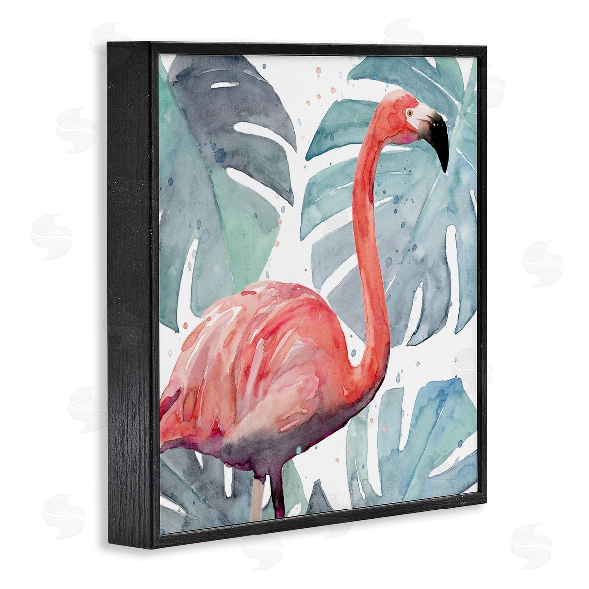 Flamingo over Monstera Leaves Black Frame Print Wall Art, Home Decor by Annie Warren