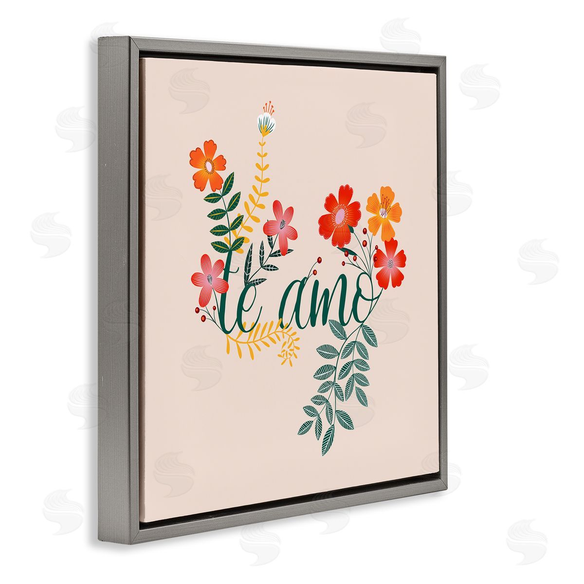 Te Amo Romantic Floral Grey Floating Frame Canvas Wall Art, Home Decor by Grace Popp