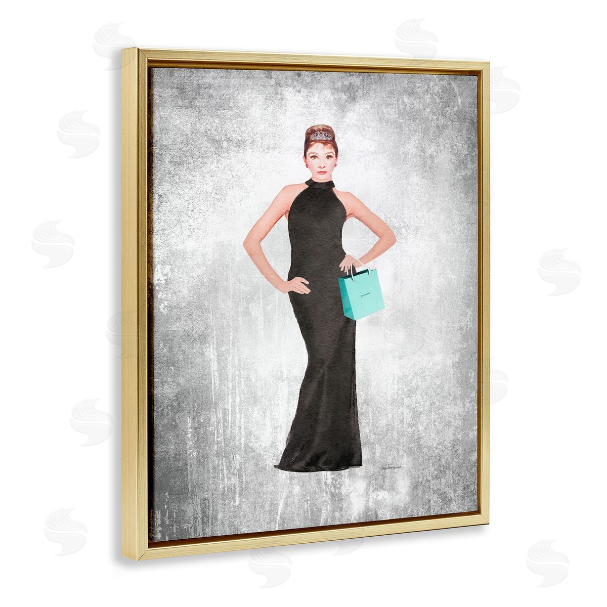 Audrey with Blue Bag Gold Floating Frame Canvas Wall Art, Home Decor by Amanda Greenwood