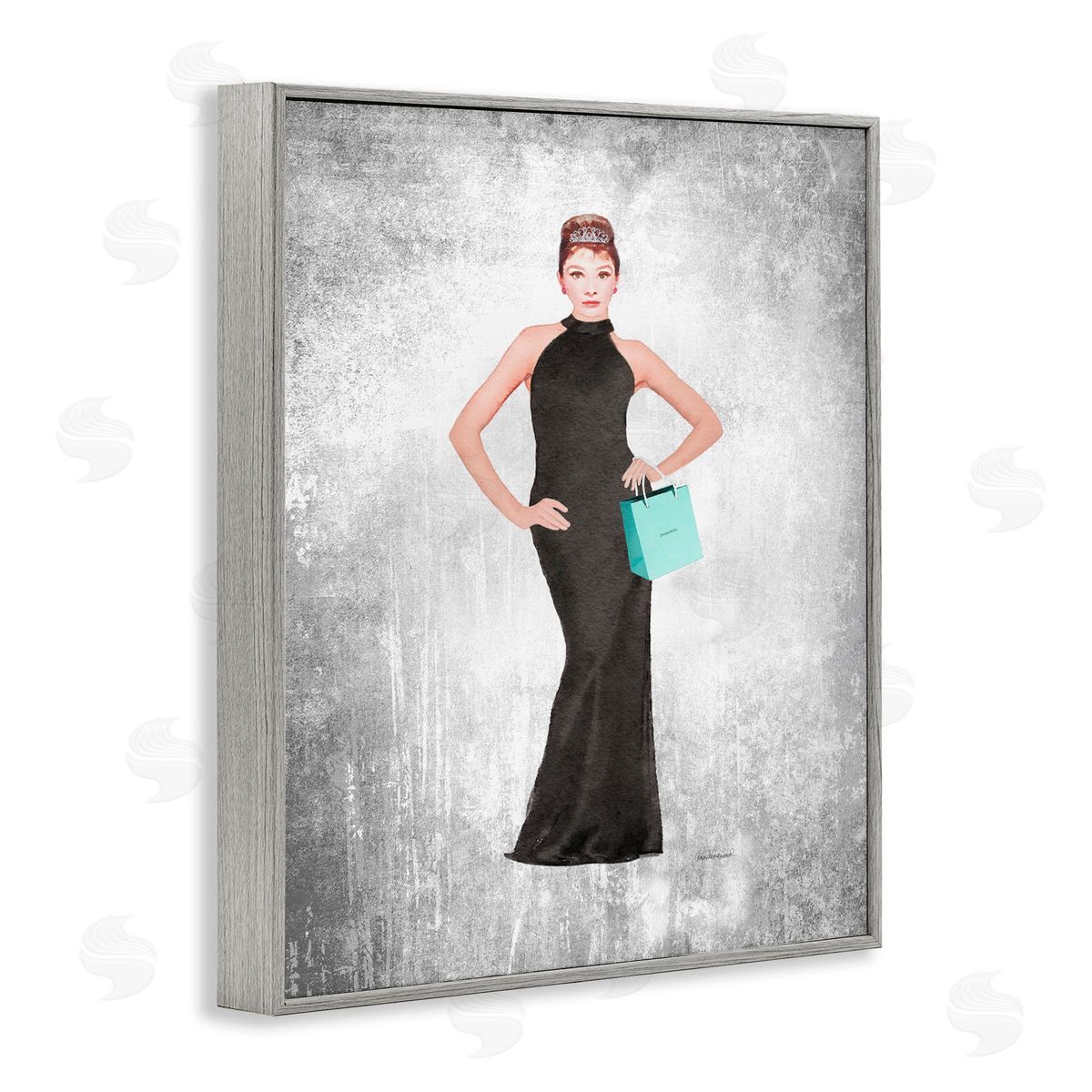 Audrey with Blue Bag Grey Frame Print Wall Art, Home Decor by Amanda Greenwood
