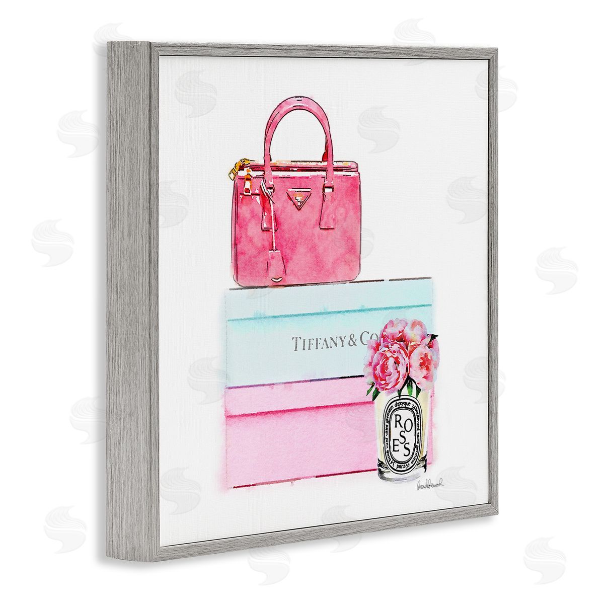 Pink Purse on Stacked Boxes Grey Frame Print Wall Art, Home Decor by Amanda Greenwood