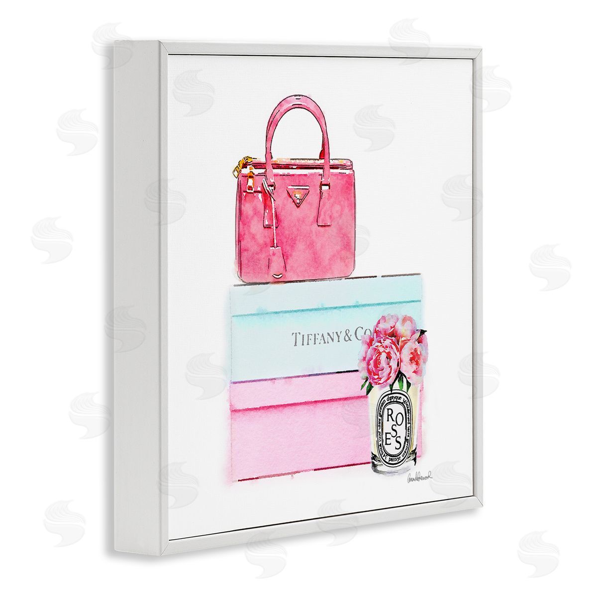 Pink Purse on Stacked Boxes White Frame Print Wall Art, Home Decor by Amanda Greenwood