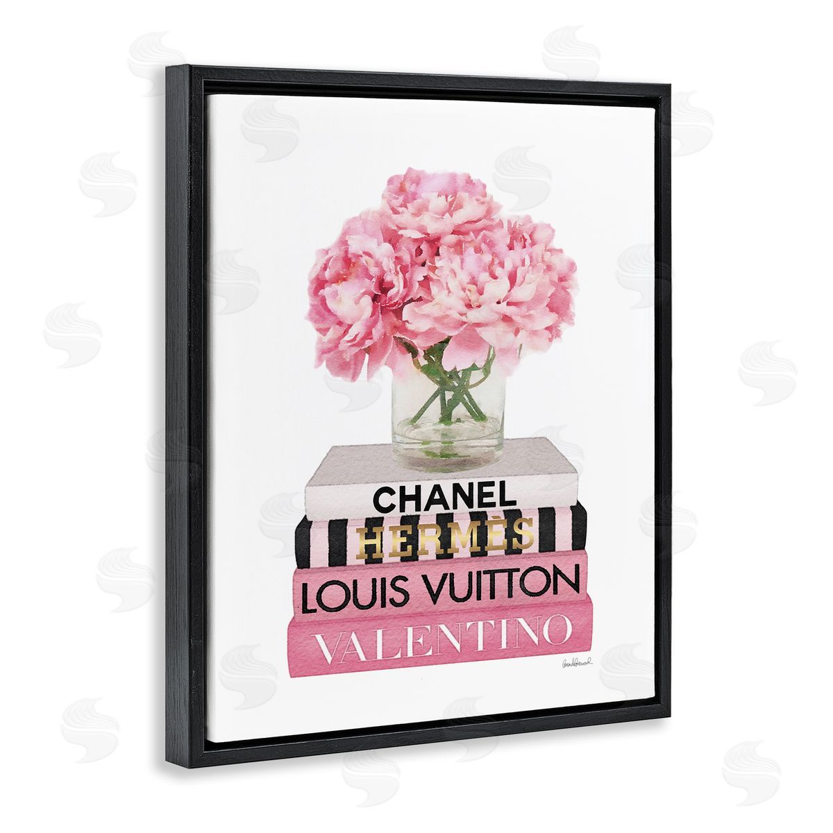 Pink Carnations on Fashion Books Black Floating Frame Canvas Wall Art, Home Decor by Amanda Greenwood