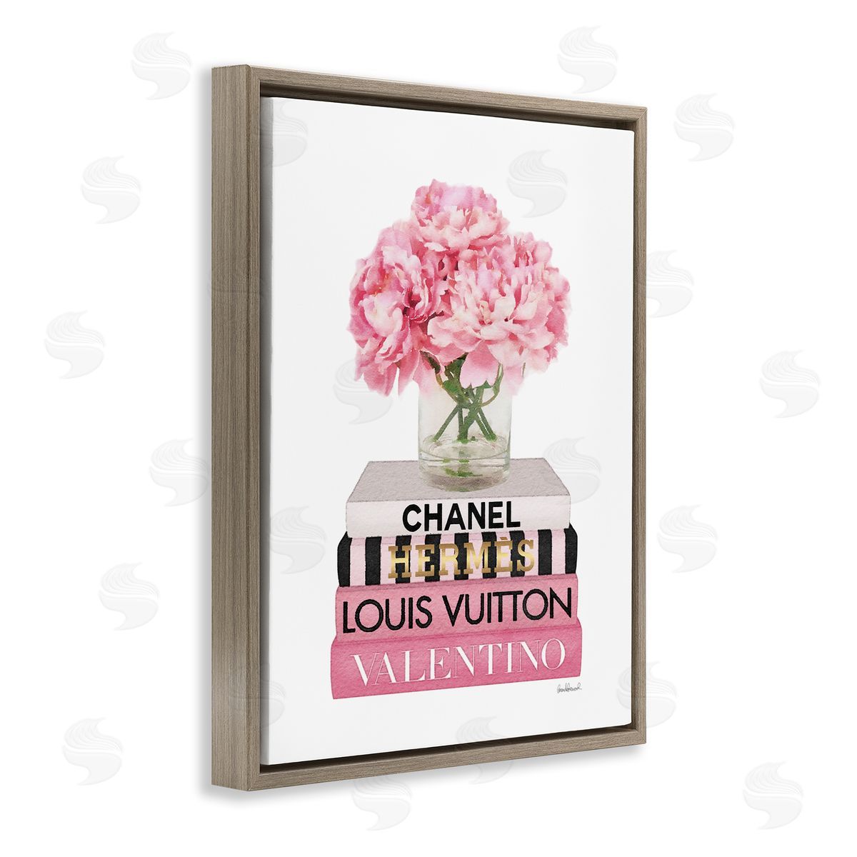 Pink Carnations on Fashion Books Brown Floating Frame Canvas Wall Art, Home Decor by Amanda Greenwood