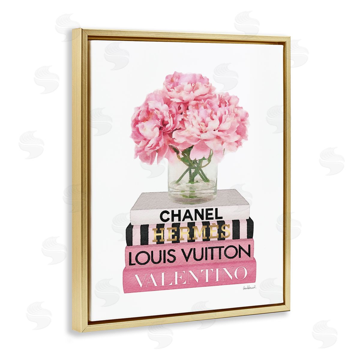 Pink Carnations on Fashion Books Gold Floating Frame Canvas Wall Art, Home Decor by Amanda Greenwood