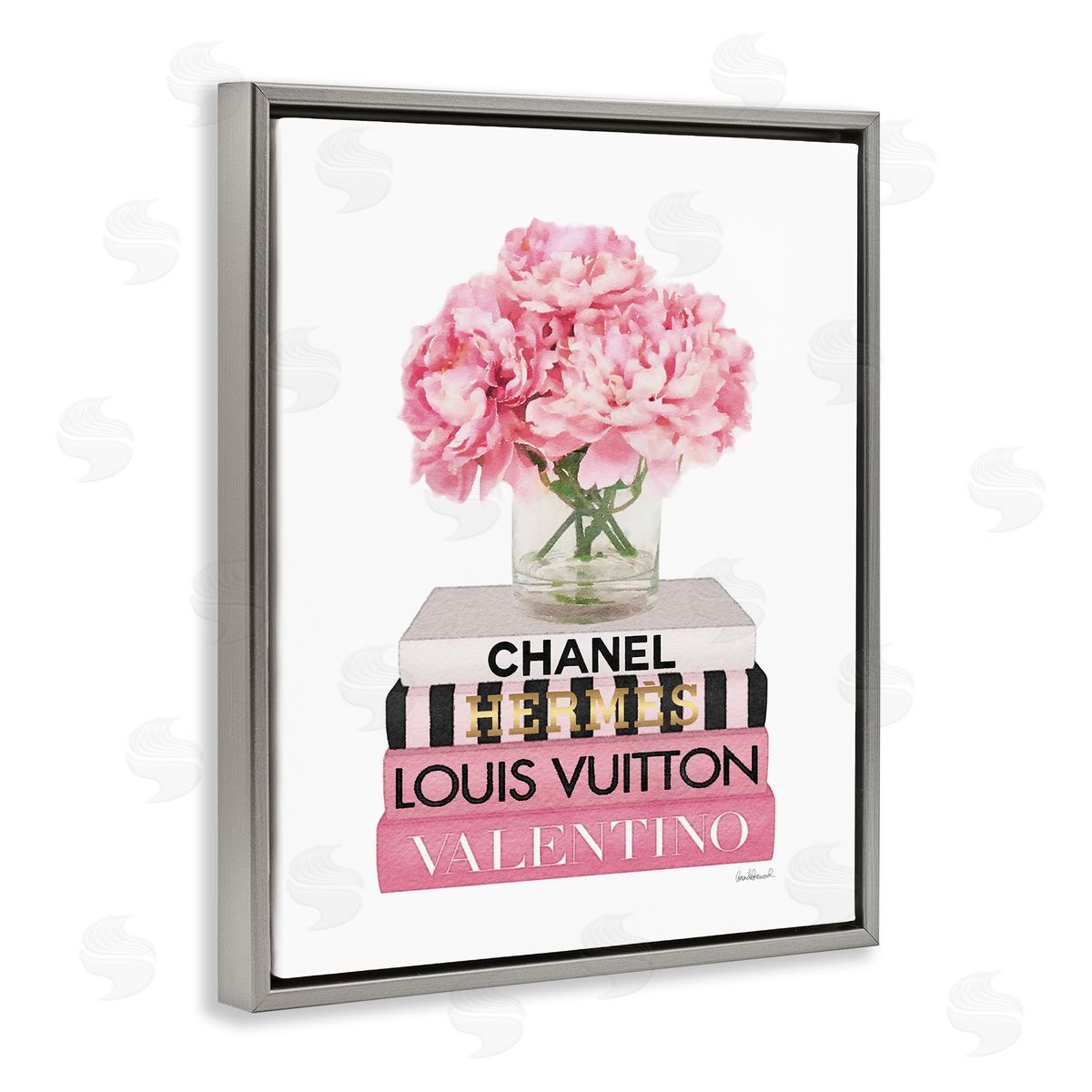 Pink Carnations on Fashion Books Grey Floating Frame Canvas Wall Art, Home Decor by Amanda Greenwood