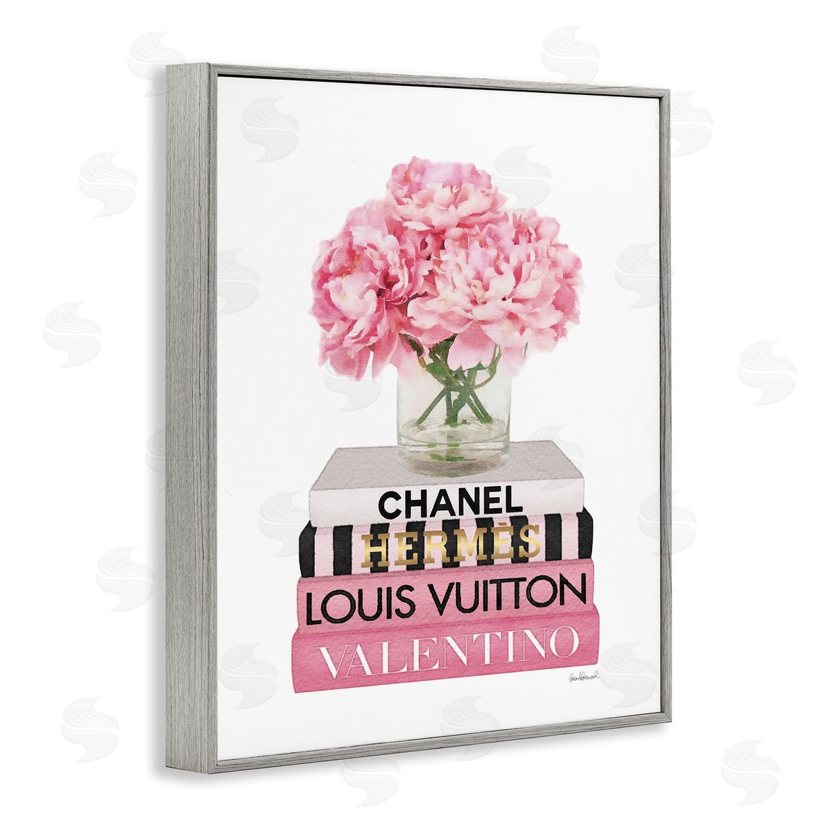 Pink Carnations on Fashion Books Grey Frame Print Wall Art, Home Decor by Amanda Greenwood