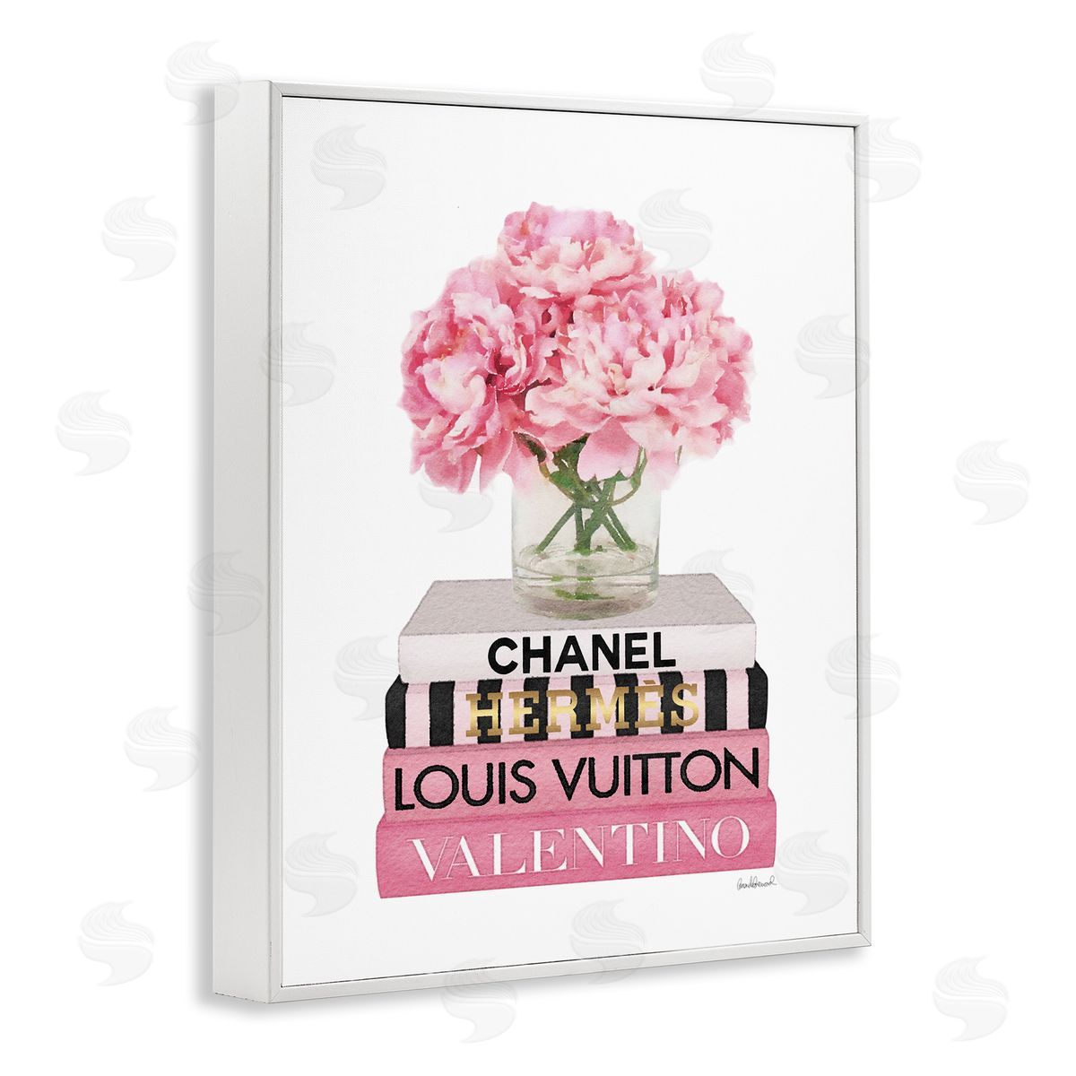 Pink Carnations on Fashion Books White Frame Print Wall Art, Home Decor by Amanda Greenwood