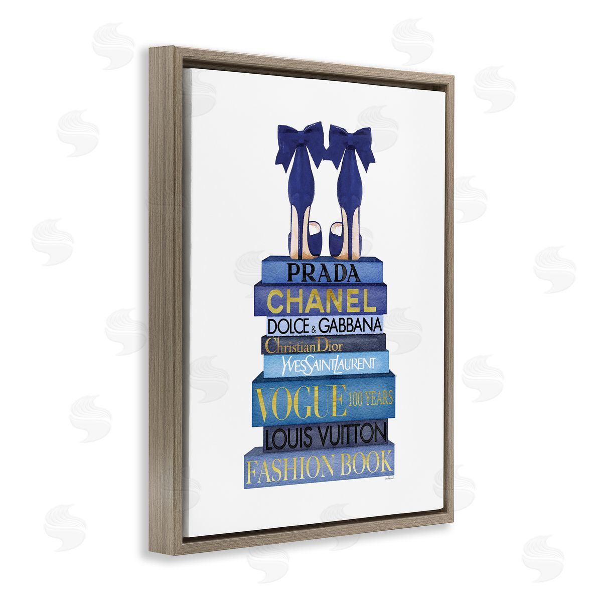 Blue Bow Heels on Bookstack Brown Floating Frame Canvas Wall Art, Home Decor by Amanda Greenwood