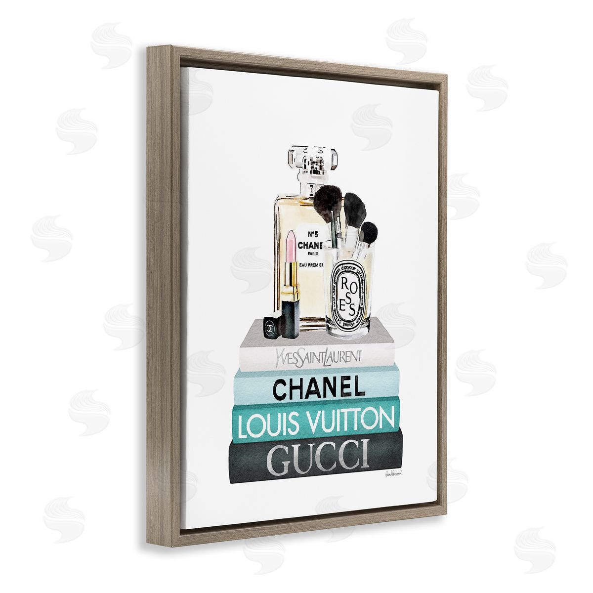 Cosmetics on Turquoise Books Brown Floating Frame Canvas Wall Art, Home Decor by Amanda Greenwood