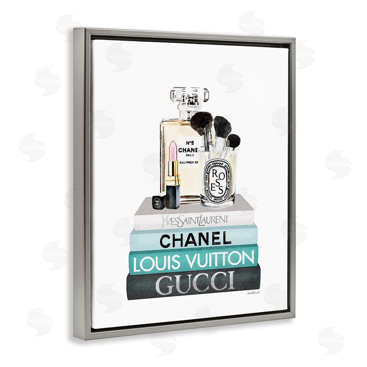 Cosmetics on Turquoise Books Grey Floating Frame Canvas Wall Art, Home Decor by Amanda Greenwood